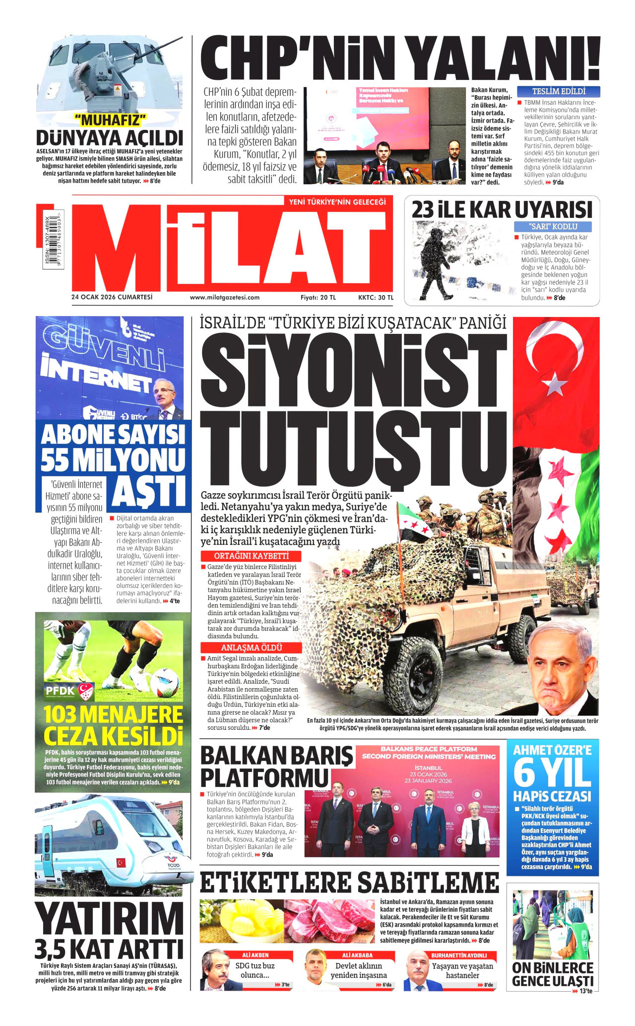 MİLAT gazetesinin 24 Ocak 2026 tarihli birinci sayfası