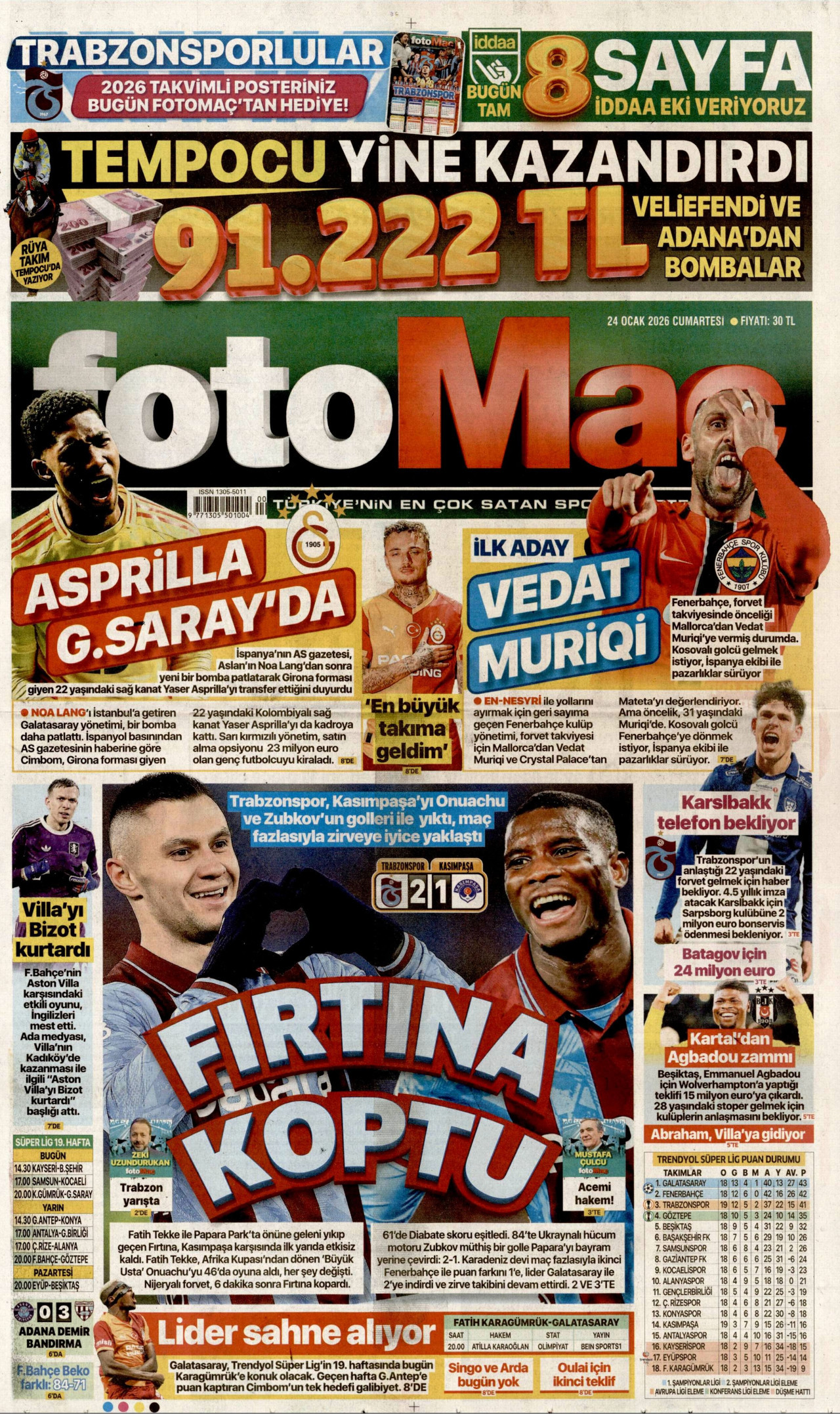 FOTOMAÇ gazetesinin 24 Ocak 2026 tarihli birinci sayfası