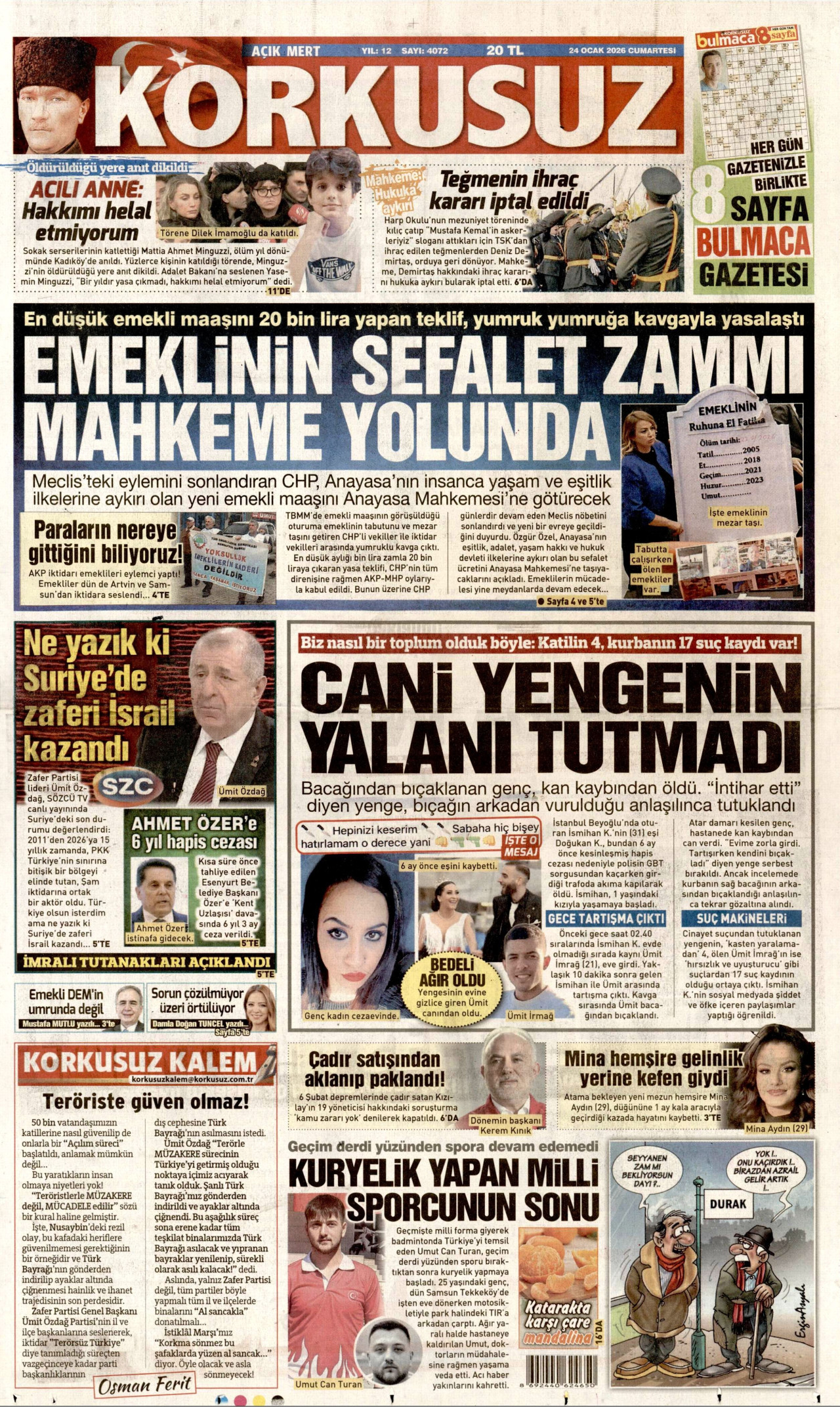 KORKUSUZ gazetesinin 24 Ocak 2026 tarihli birinci sayfası