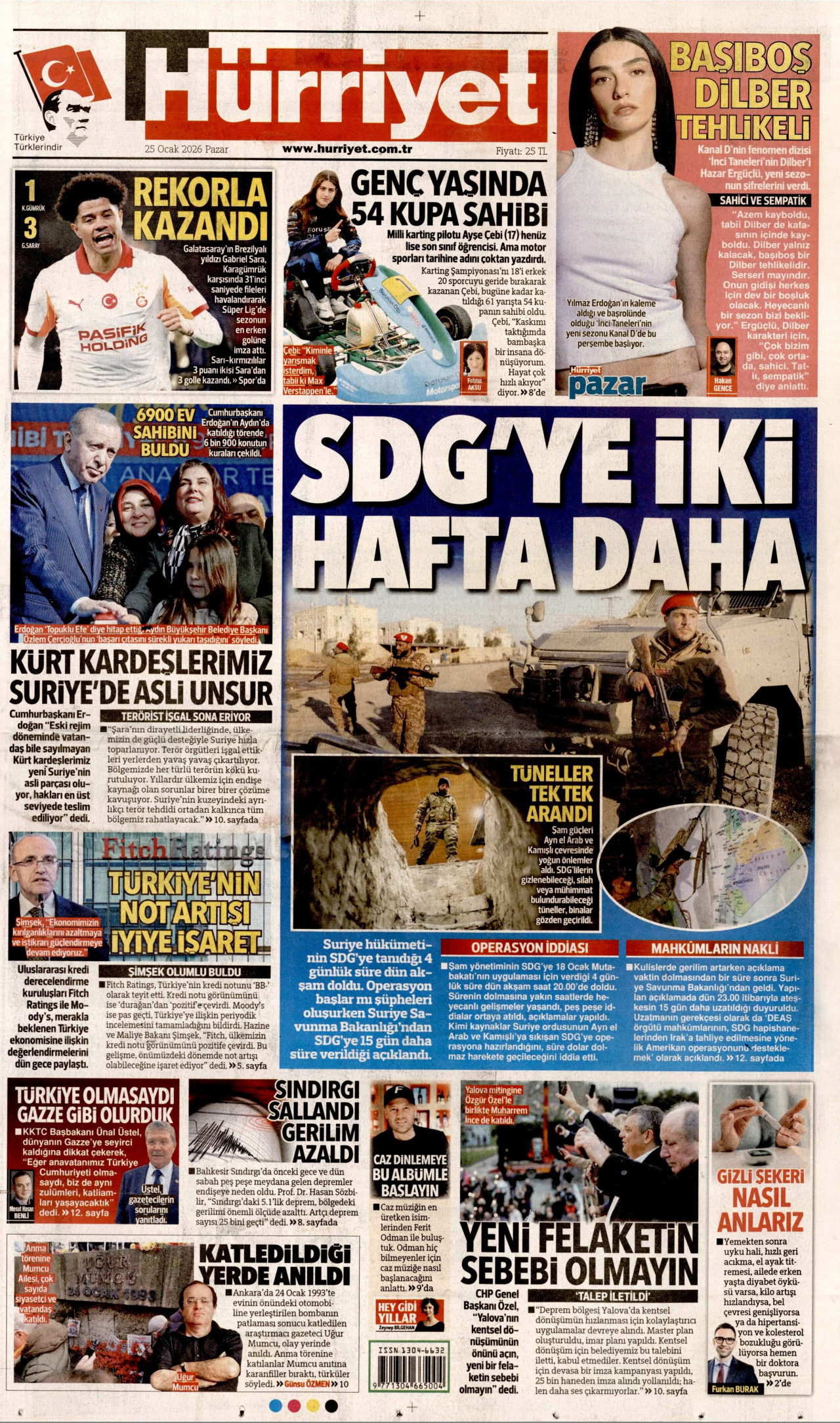 HÜRRİYET gazetesinin 25 Ocak 2026 tarihli birinci sayfası