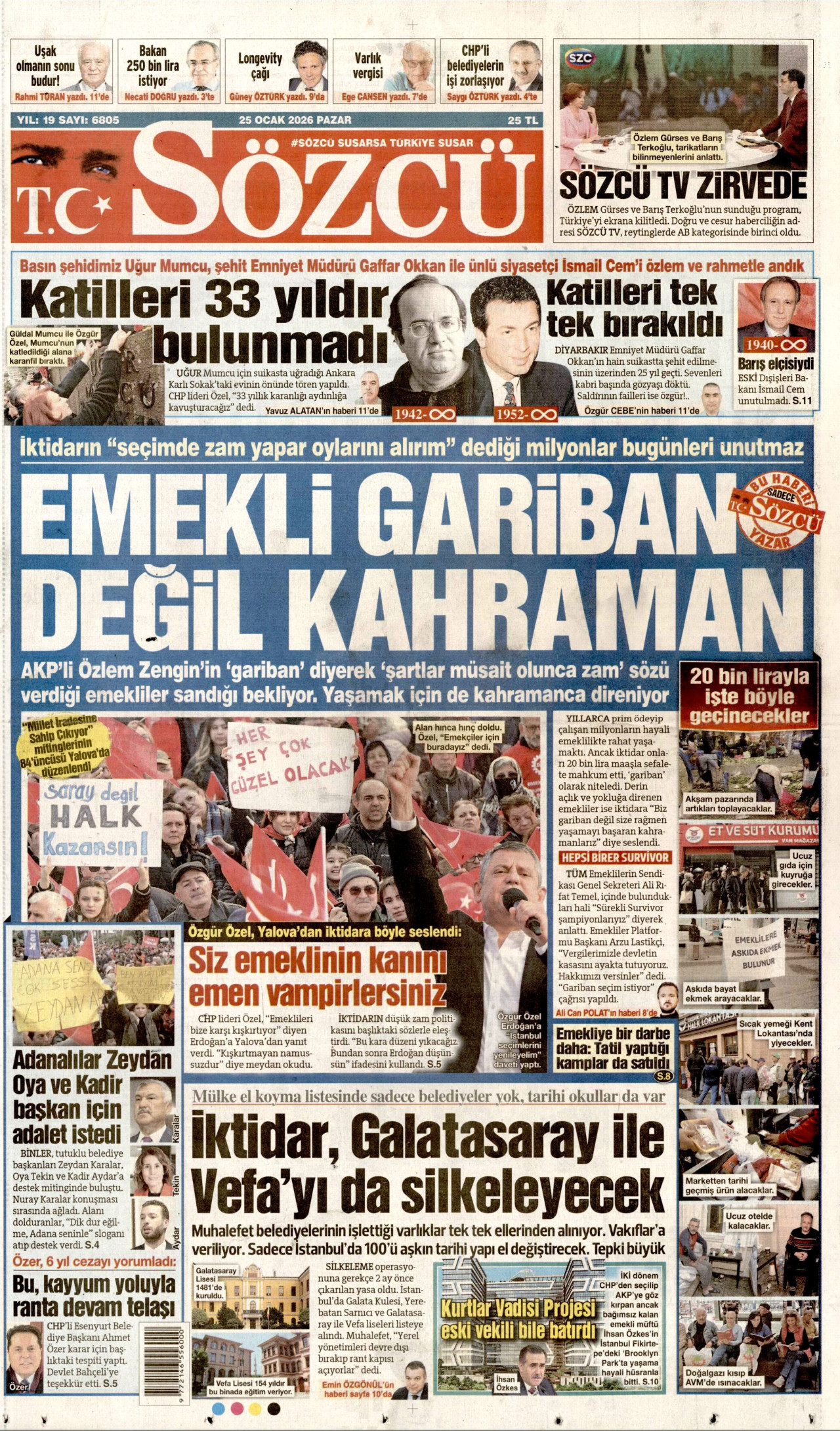 SÖZCÜ gazetesinin 25 Ocak 2026 tarihli birinci sayfası