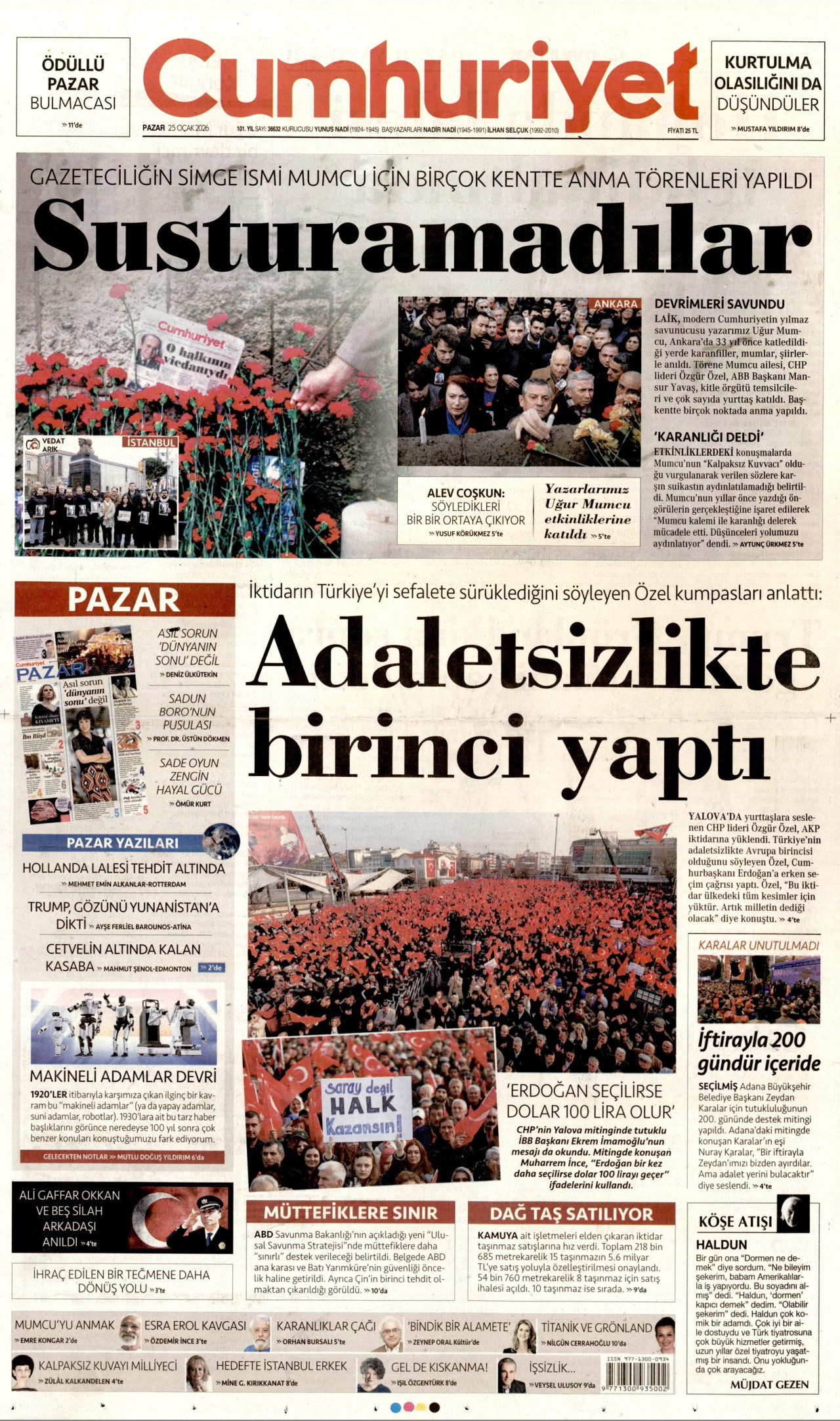 CUMHURİYET gazetesinin 25 Ocak 2026 tarihli birinci sayfası