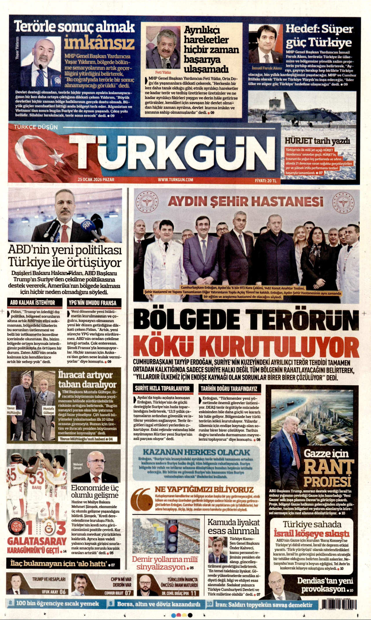 TÜRKGÜN gazetesinin 25 Ocak 2026 tarihli birinci sayfası