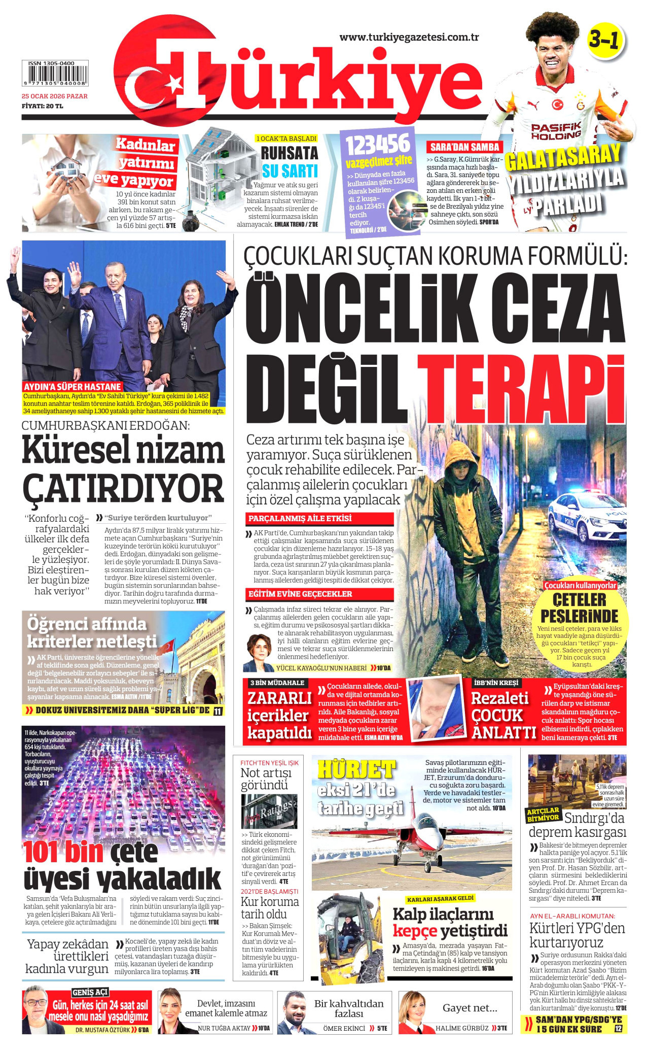 TÜRKİYE GAZETESİ gazetesinin 25 Ocak 2026 tarihli birinci sayfası