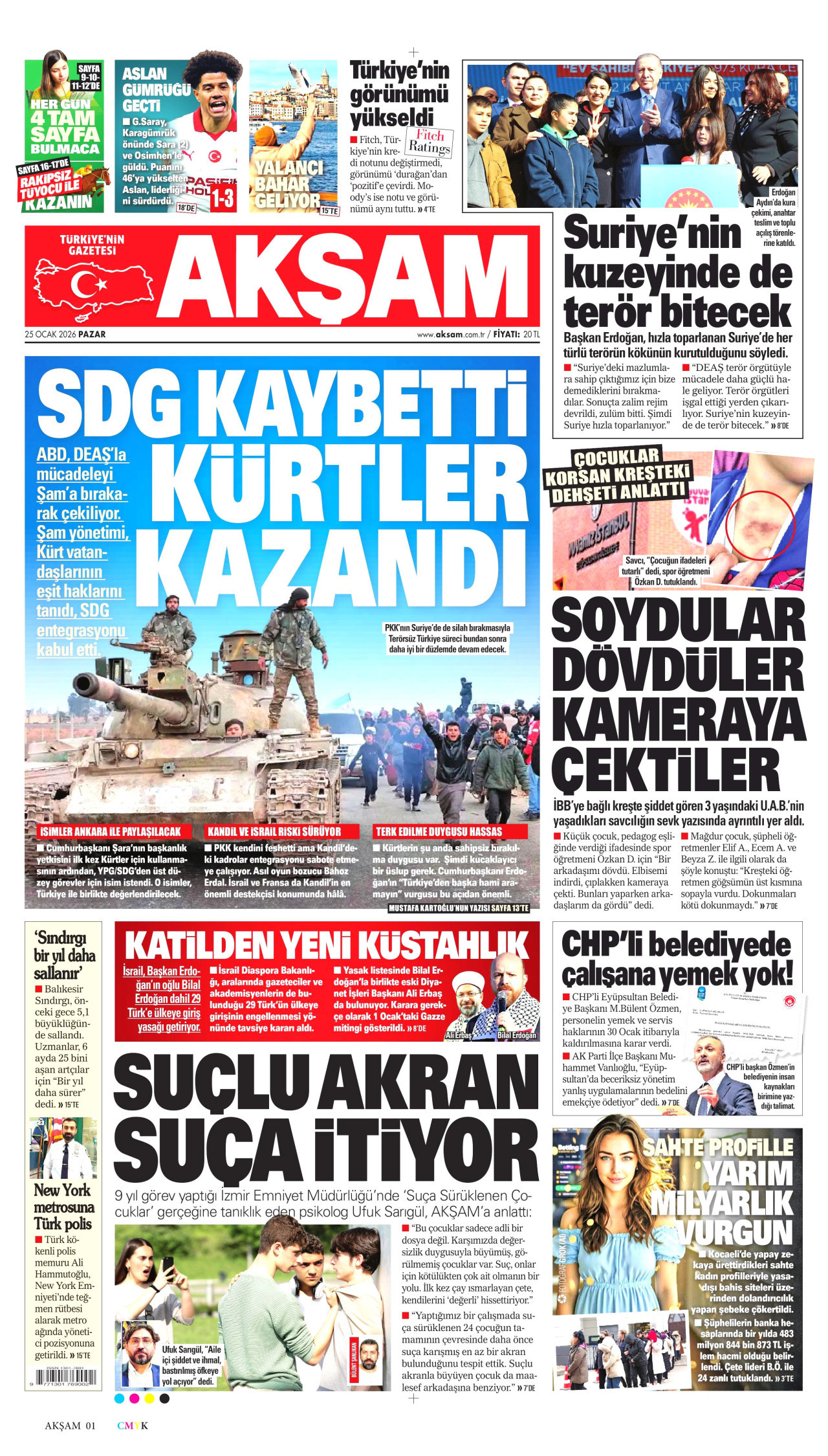AKŞAM gazetesinin 25 Ocak 2026 tarihli birinci sayfası