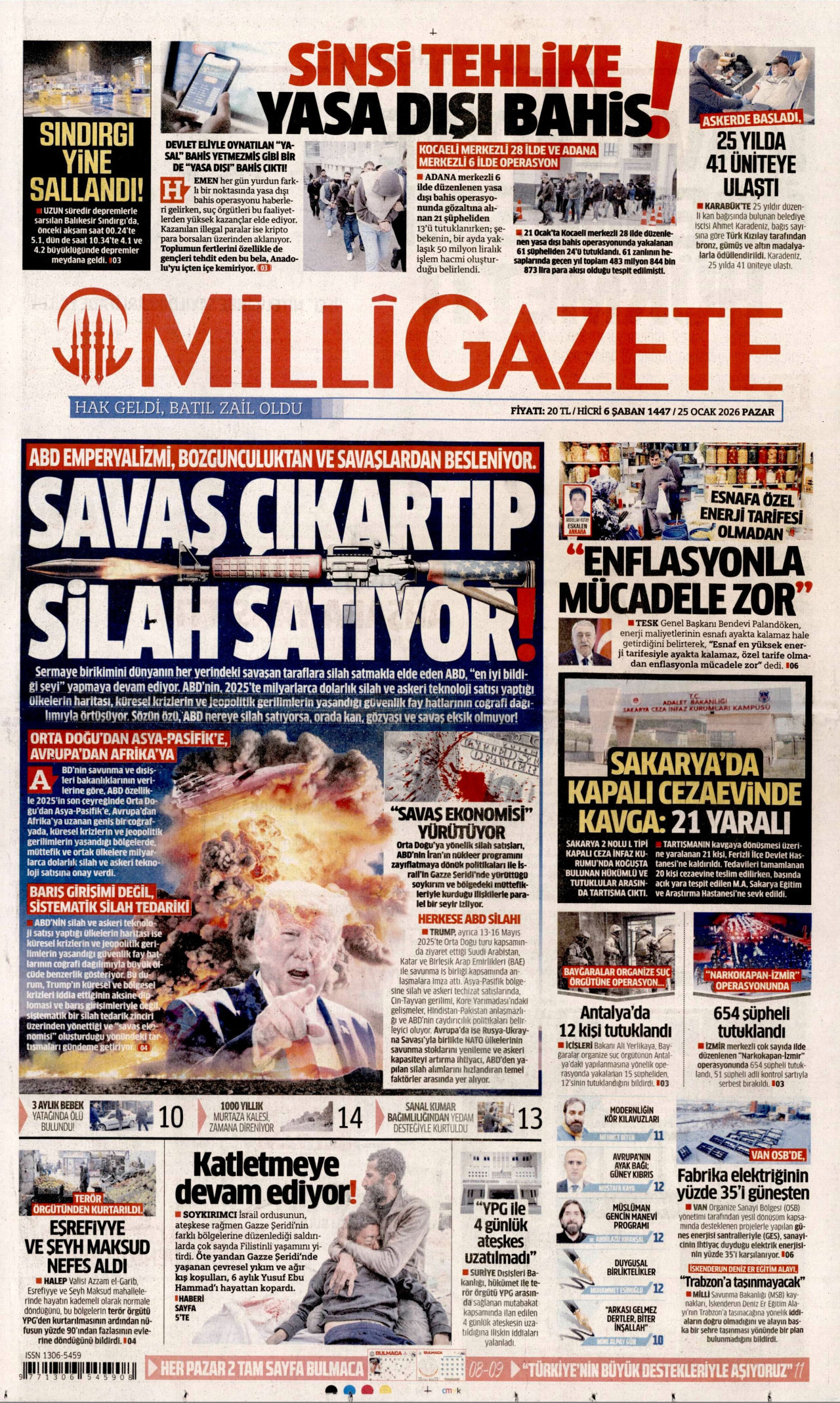 MİLLİ GAZETE gazetesinin 25 Ocak 2026 tarihli birinci sayfası
