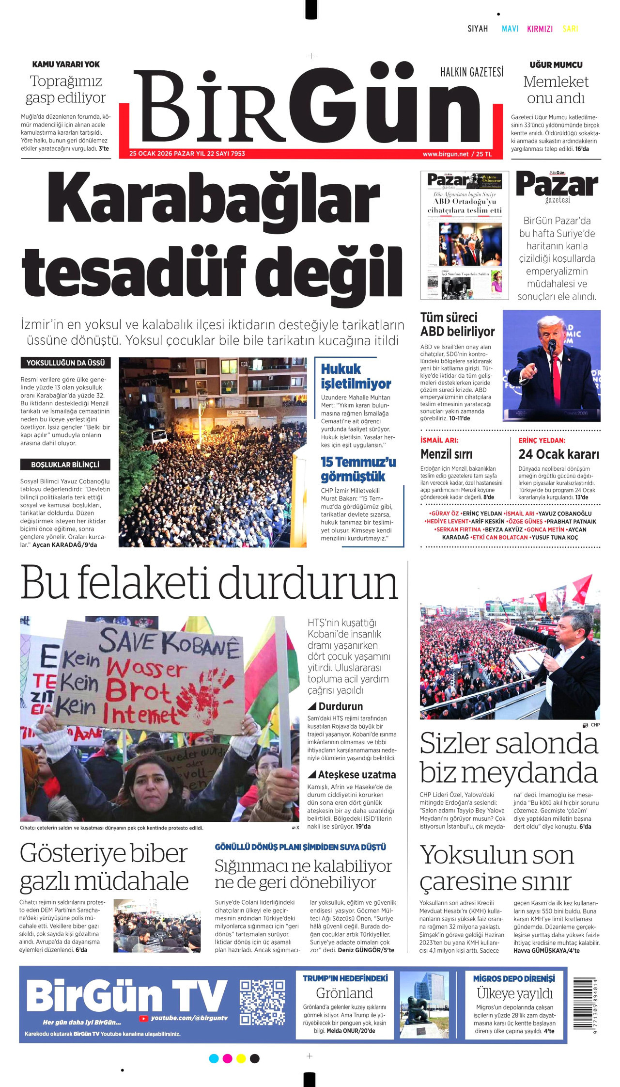 BİRGÜN gazetesinin 25 Ocak 2026 tarihli birinci sayfası