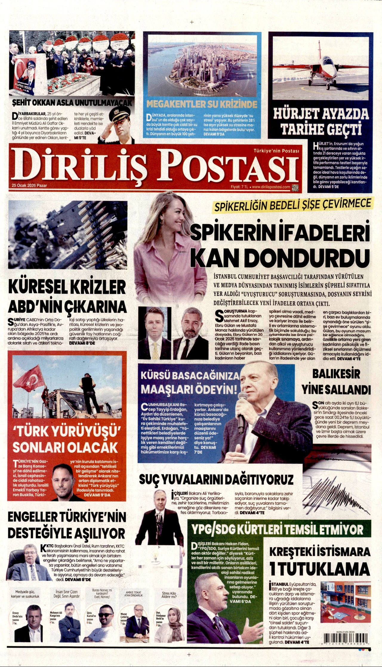 DİRİLİŞ POSTASI gazetesinin 25 Ocak 2026 tarihli birinci sayfası