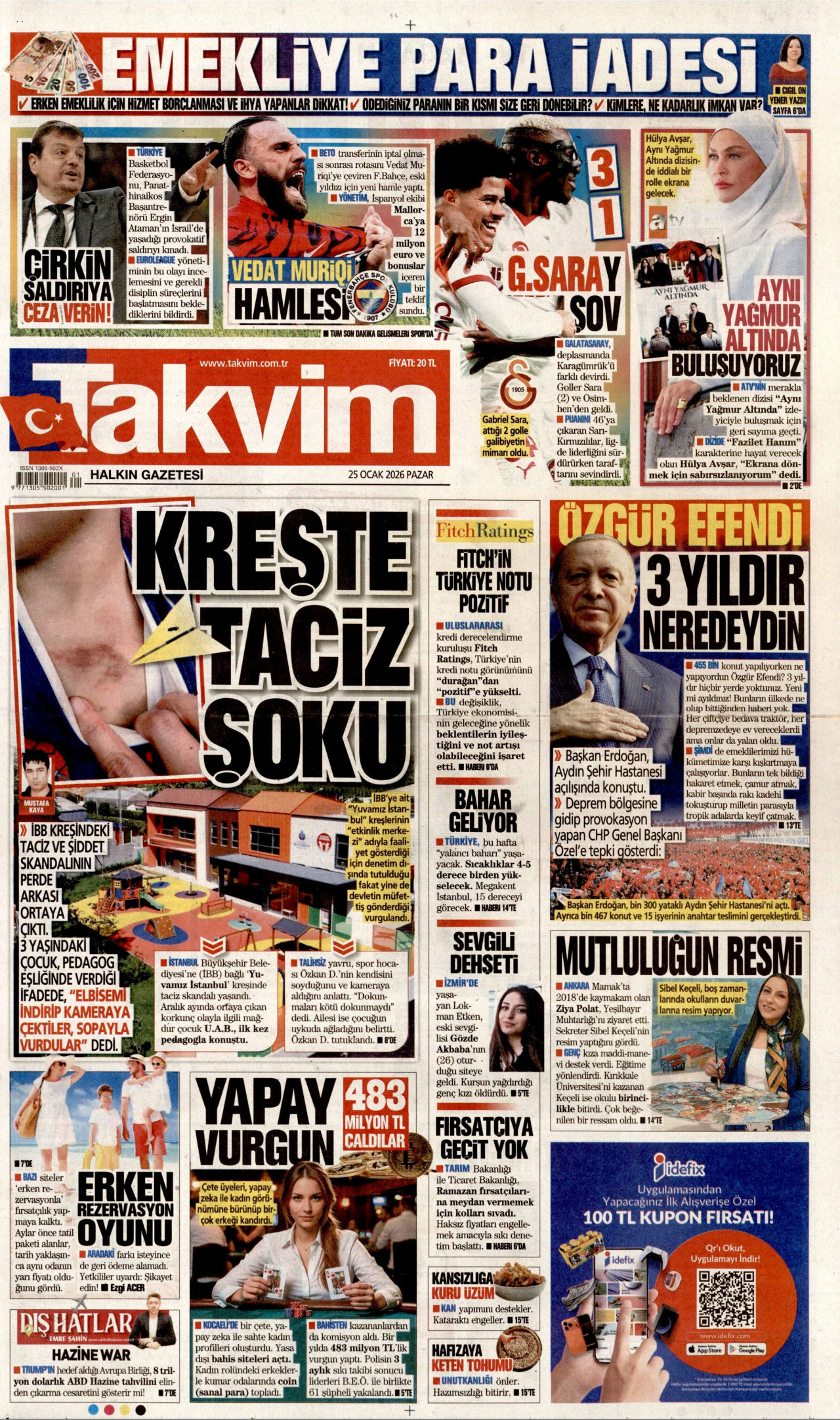 TAKVİM gazetesinin 25 Ocak 2026 tarihli birinci sayfası