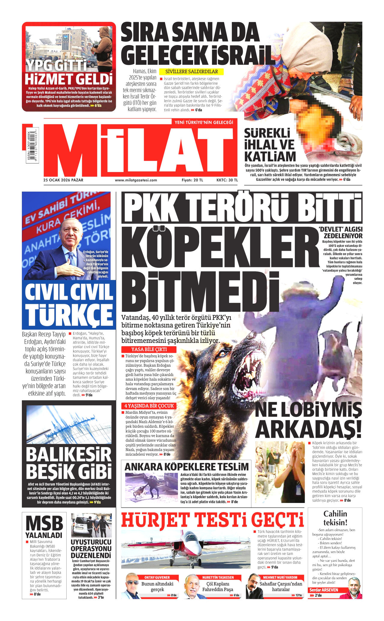 MİLAT gazetesinin 25 Ocak 2026 tarihli birinci sayfası