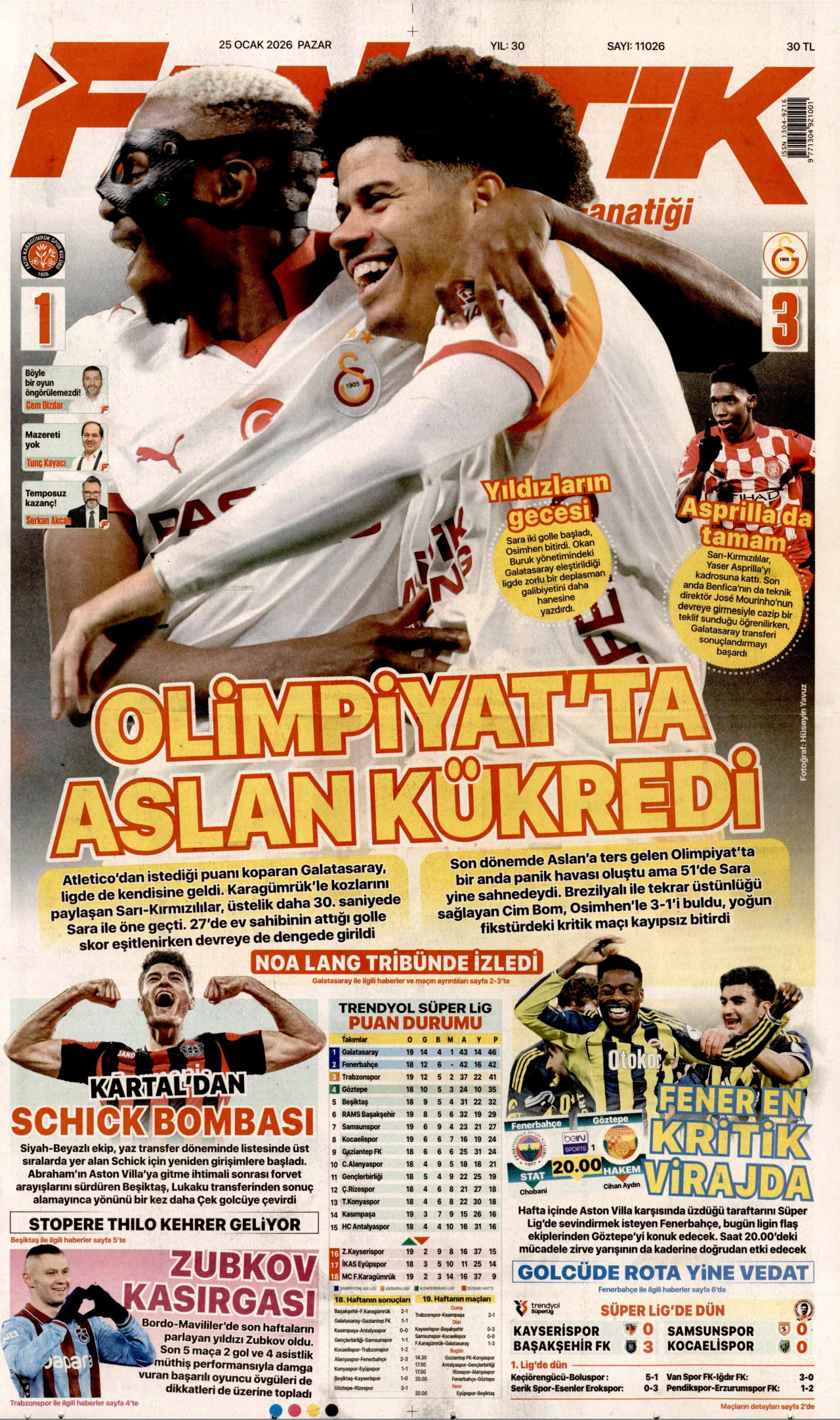 FANATİK gazetesinin 25 Ocak 2026 tarihli birinci sayfası