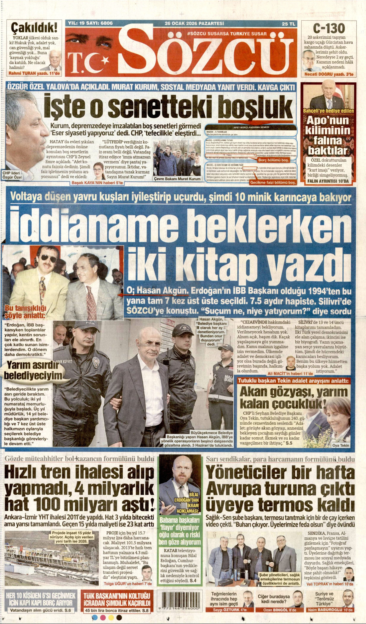SÖZCÜ gazetesinin 26 Ocak 2026 tarihli birinci sayfası
