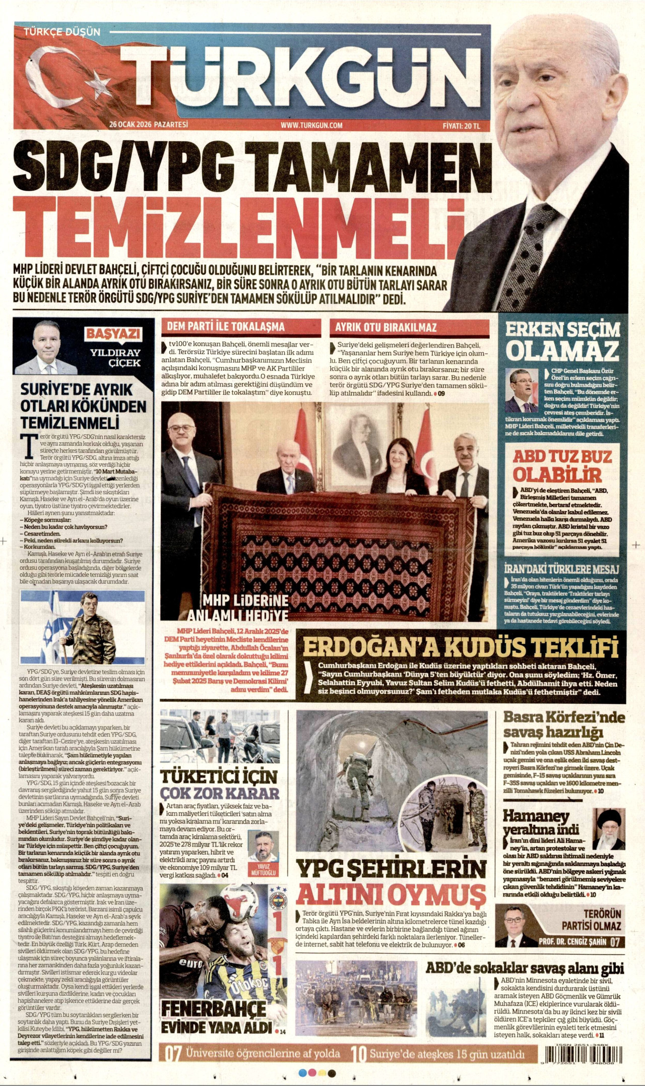 TÜRKGÜN gazetesinin 26 Ocak 2026 tarihli birinci sayfası