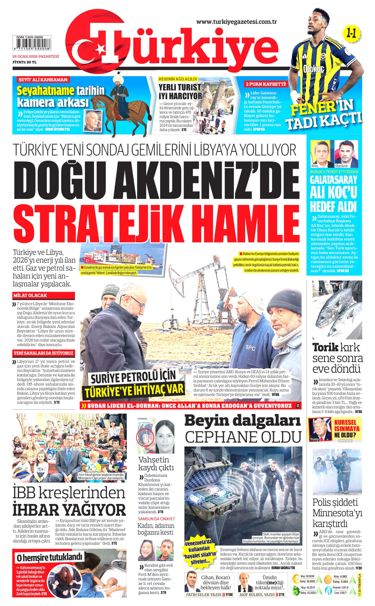 TÜRKİYE GAZETESİ gazetesinin 26 Ocak 2026 tarihli birinci sayfası