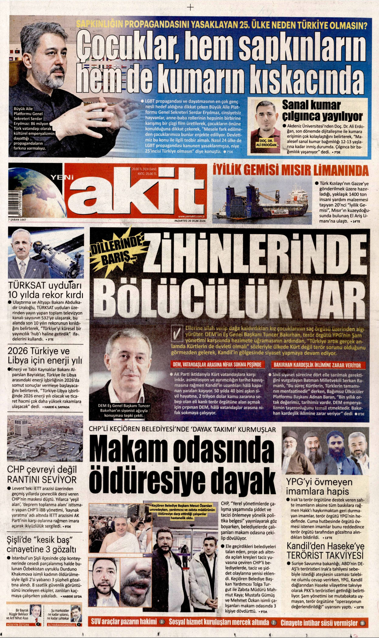 YENİ AKİT gazetesinin 26 Ocak 2026 tarihli birinci sayfası