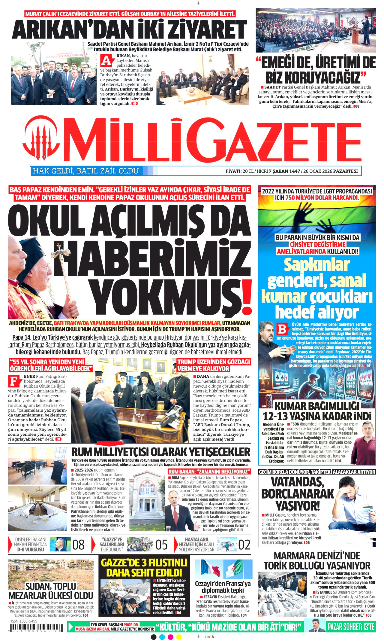 MİLLİ GAZETE gazetesinin 26 Ocak 2026 tarihli birinci sayfası