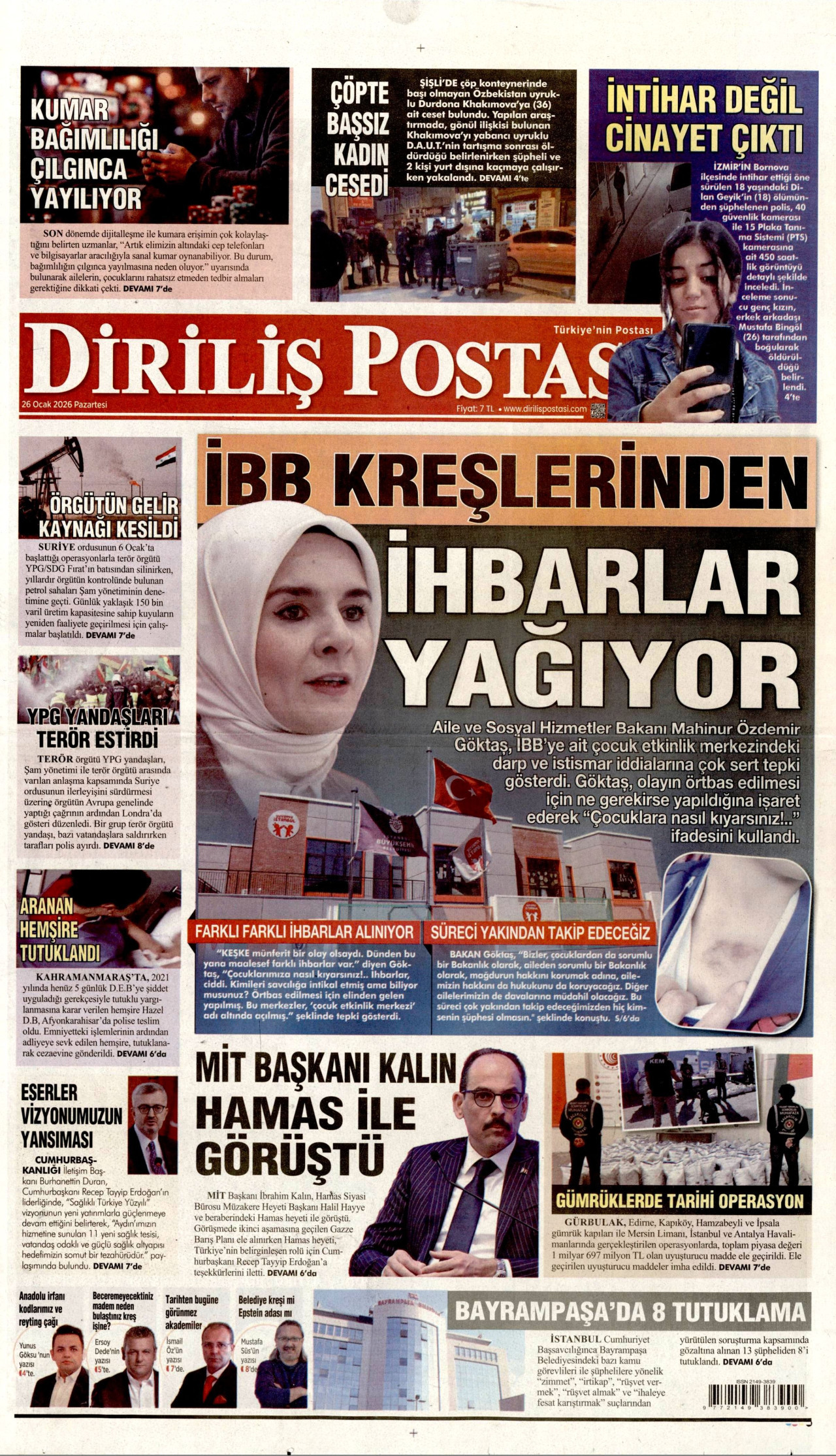 DİRİLİŞ POSTASI gazetesinin 26 Ocak 2026 tarihli birinci sayfası