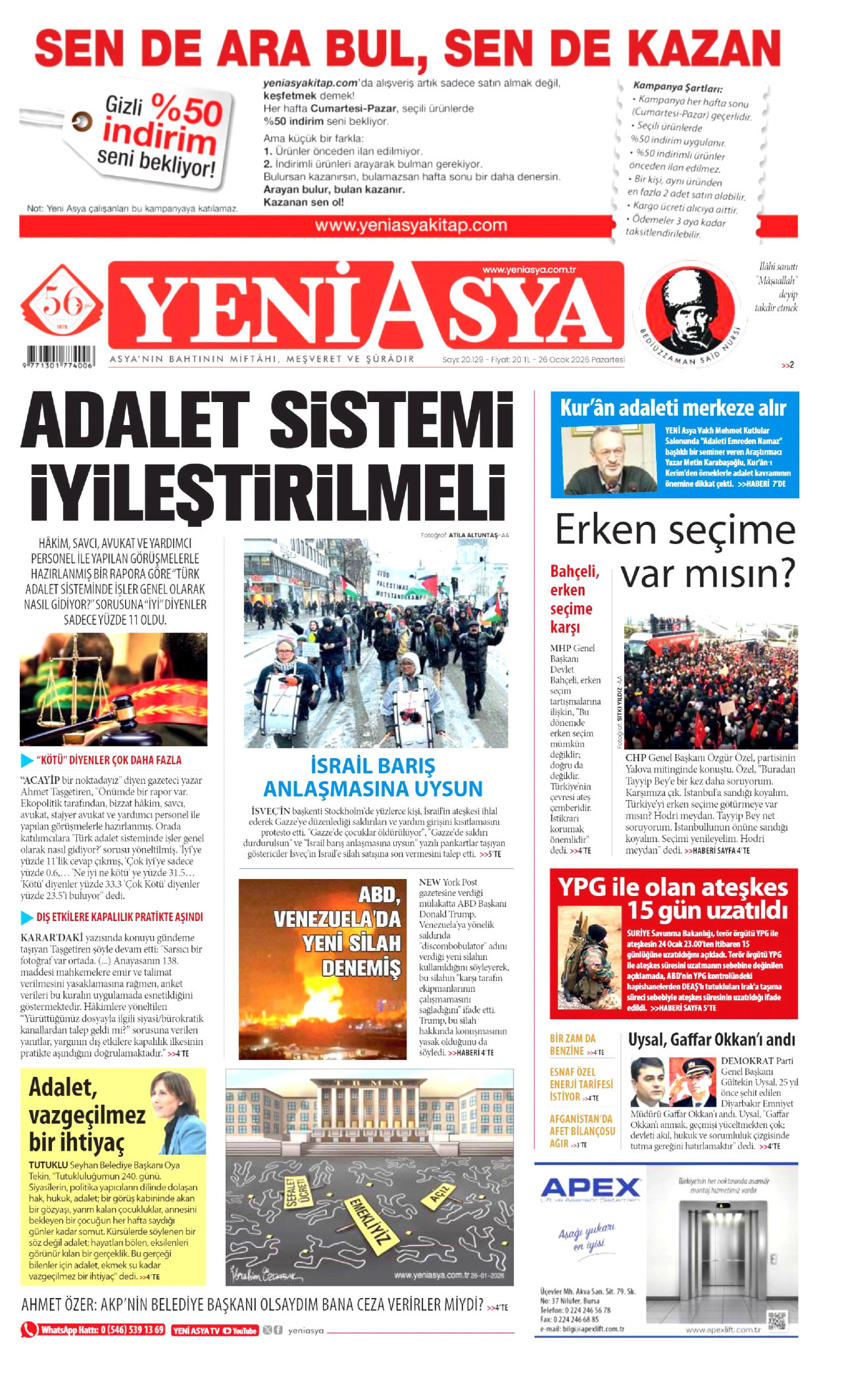 YENİ ASYA gazetesinin 26 Ocak 2026 tarihli birinci sayfası
