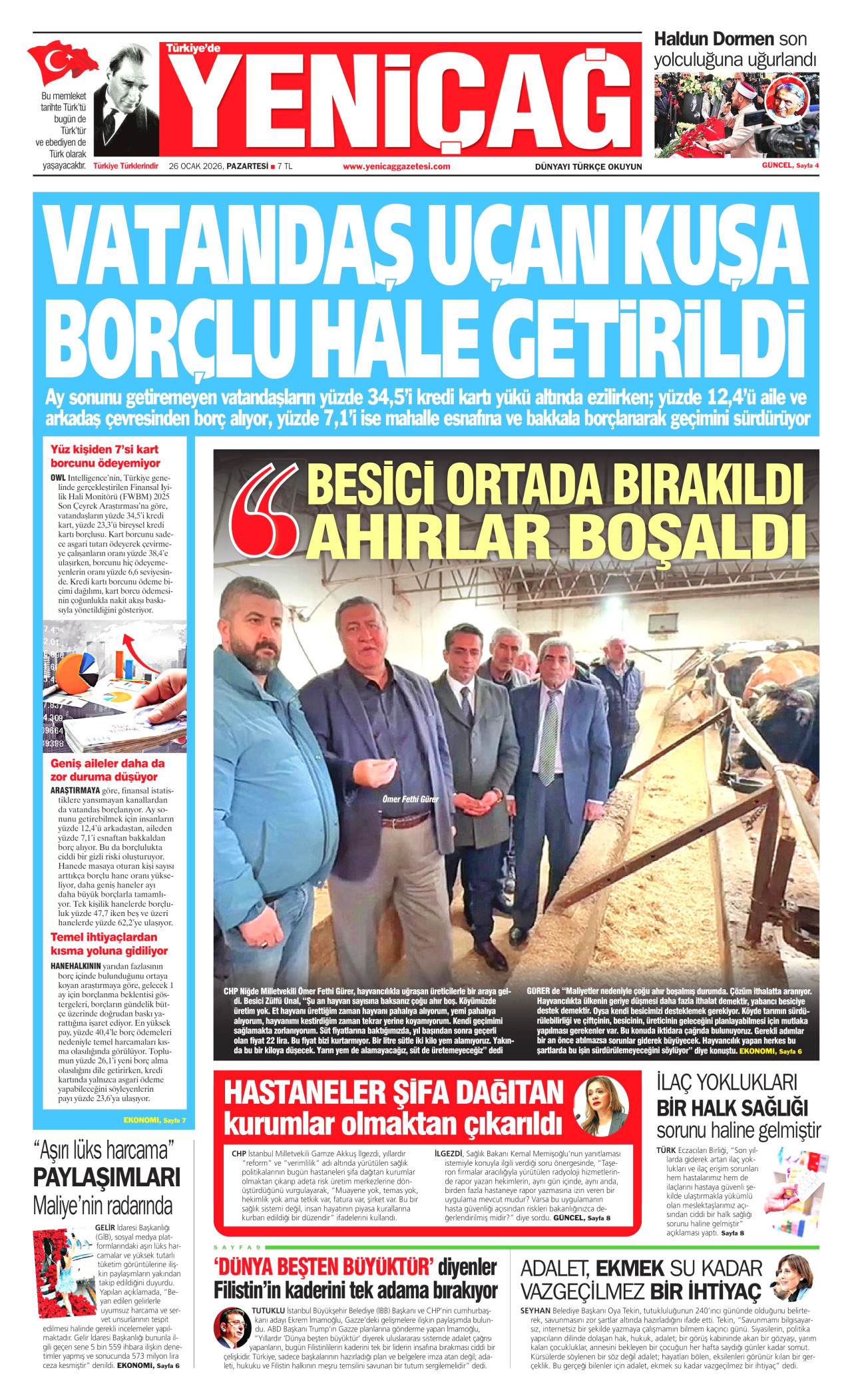 YENİÇAĞ gazetesinin 26 Ocak 2026 tarihli birinci sayfası
