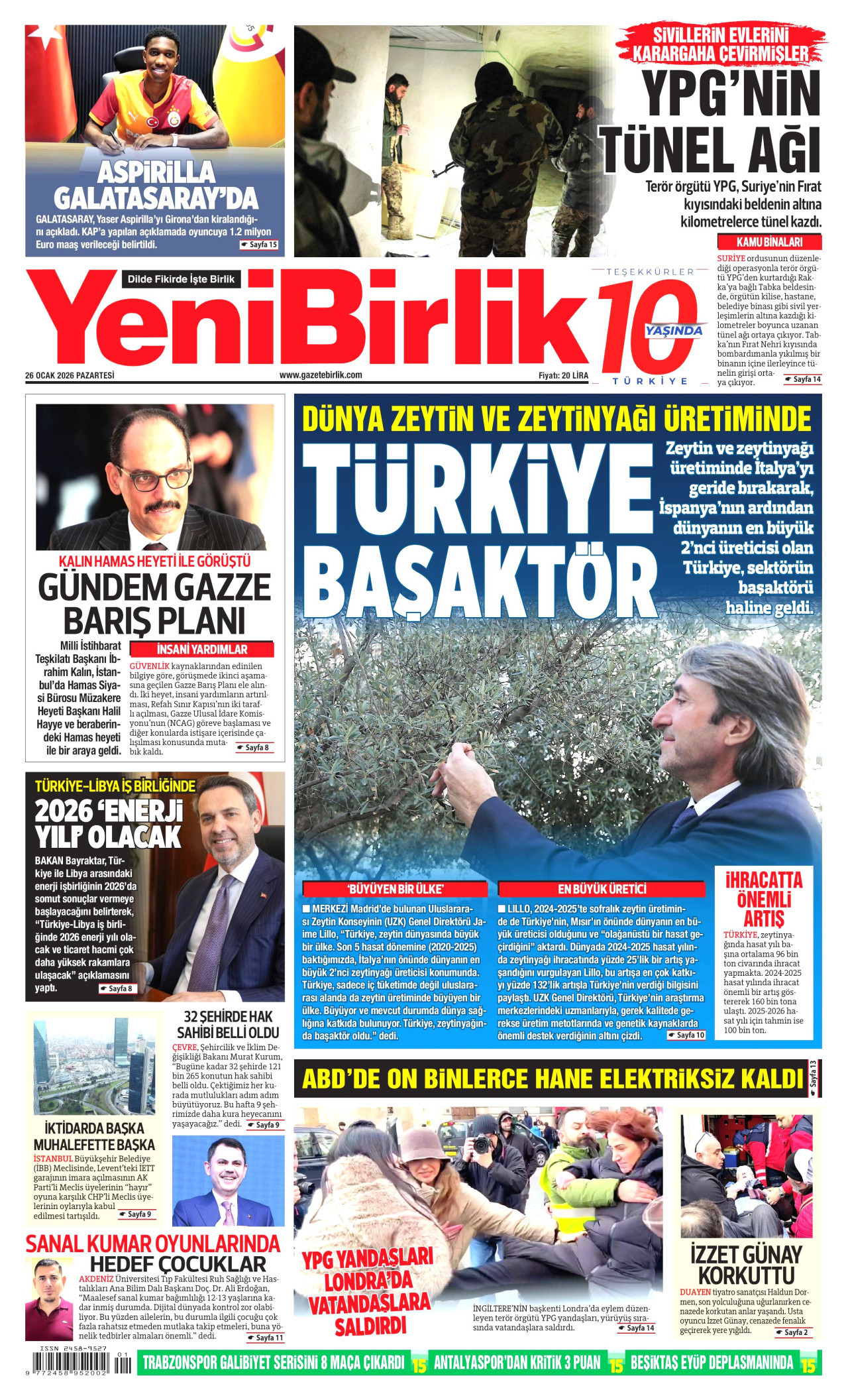 YENİBİRLİK gazetesinin 26 Ocak 2026 tarihli birinci sayfası