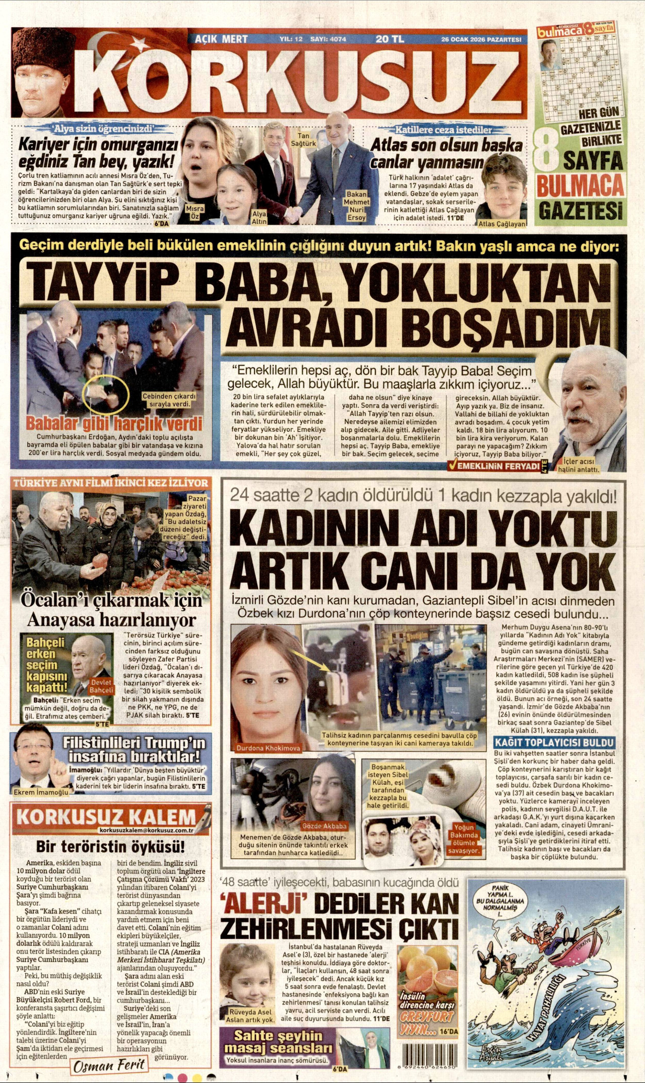 KORKUSUZ gazetesinin 26 Ocak 2026 tarihli birinci sayfası