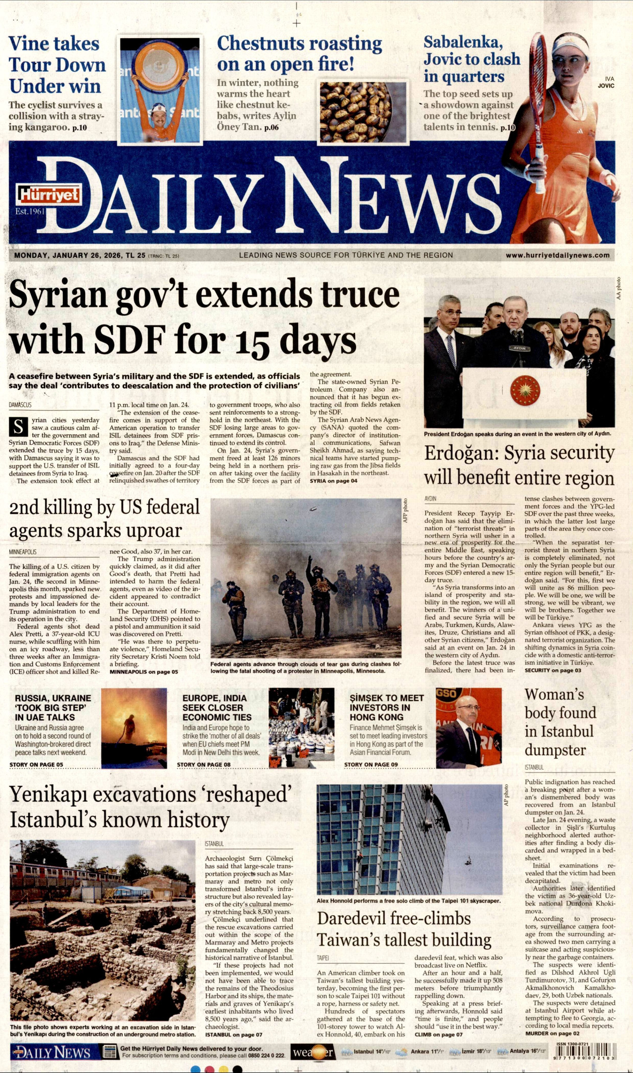 HÜRRİYET DAİLY NEWS gazetesinin 26 Ocak 2026 tarihli birinci sayfası