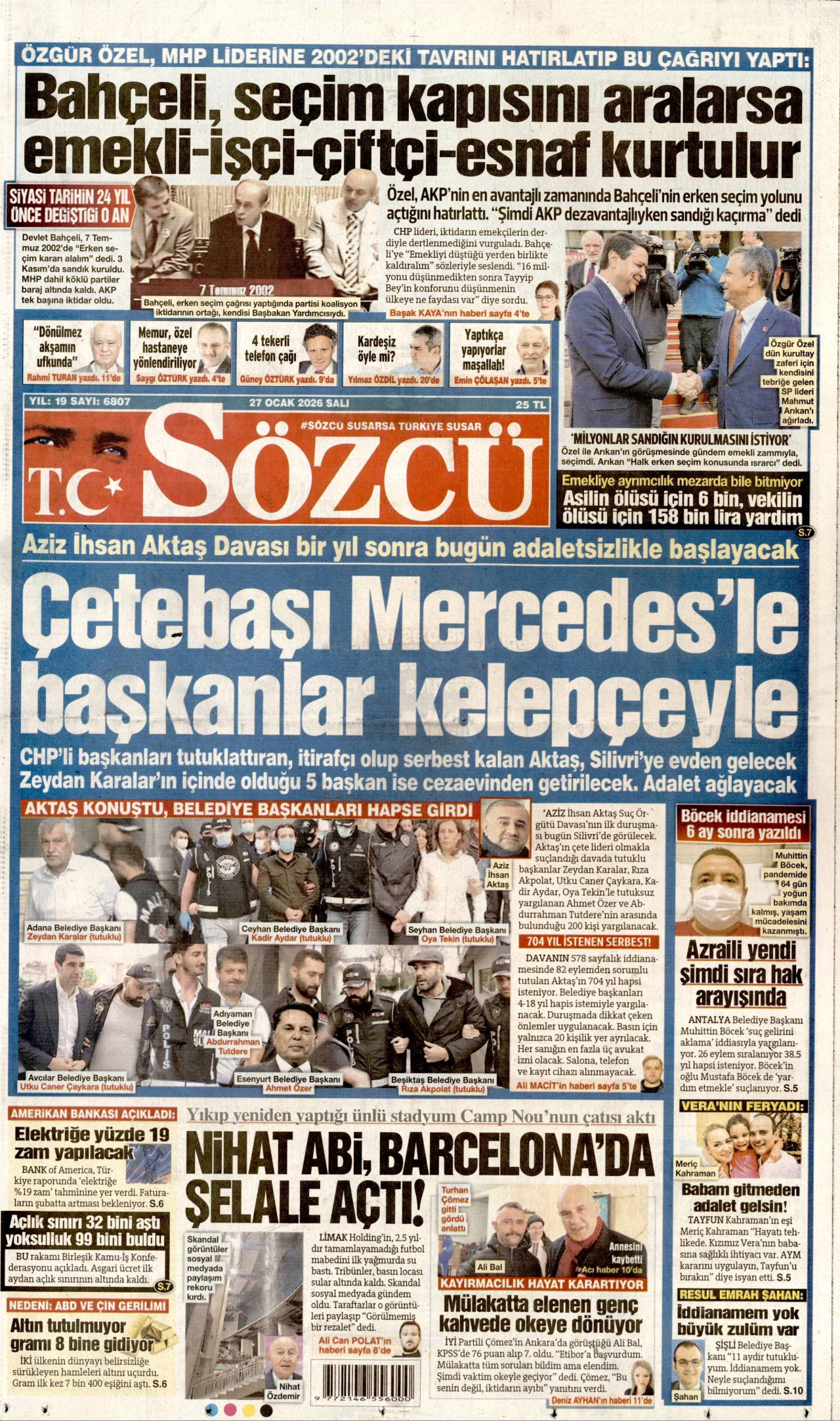 SÖZCÜ gazetesinin 27 Ocak 2026 tarihli birinci sayfası