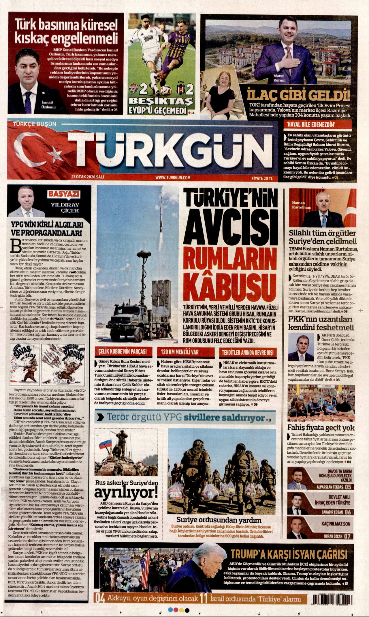 TÜRKGÜN gazetesinin 27 Ocak 2026 tarihli birinci sayfası