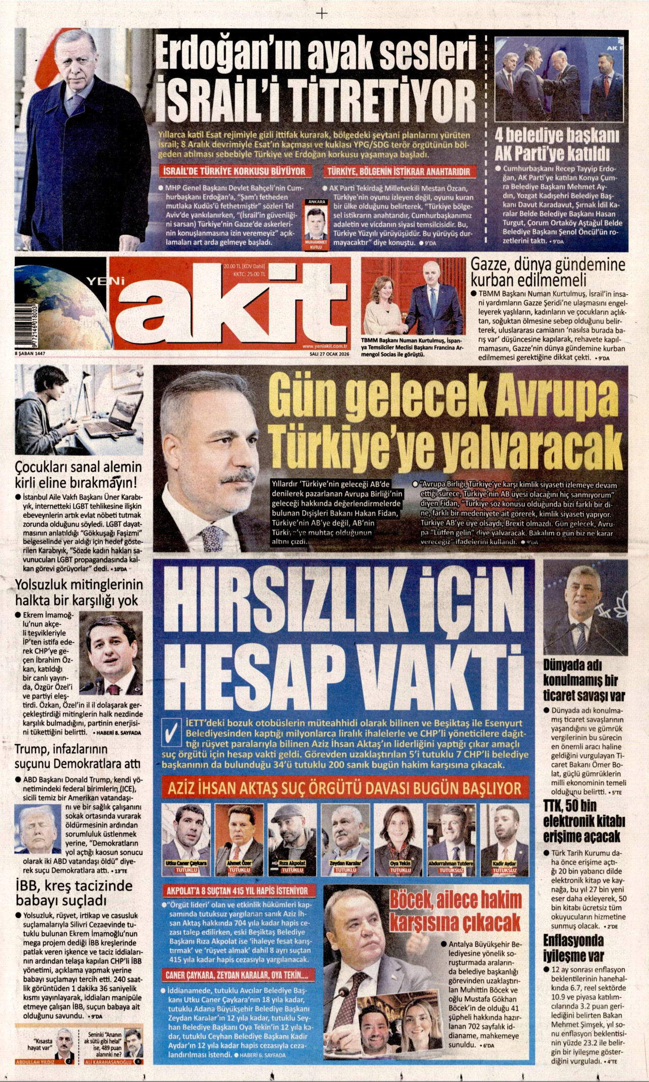 YENİ AKİT gazetesinin 27 Ocak 2026 tarihli birinci sayfası