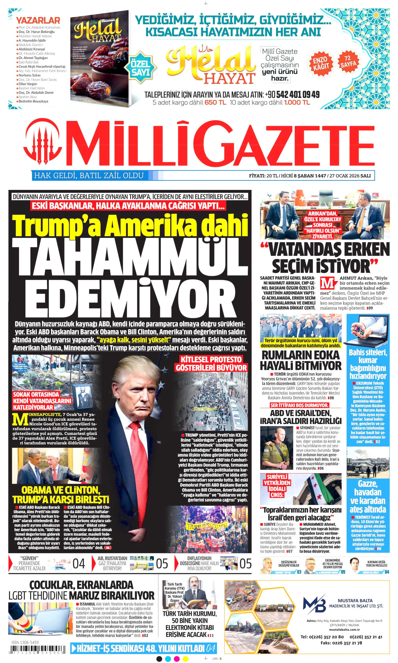 MİLLİ GAZETE gazetesinin 27 Ocak 2026 tarihli birinci sayfası
