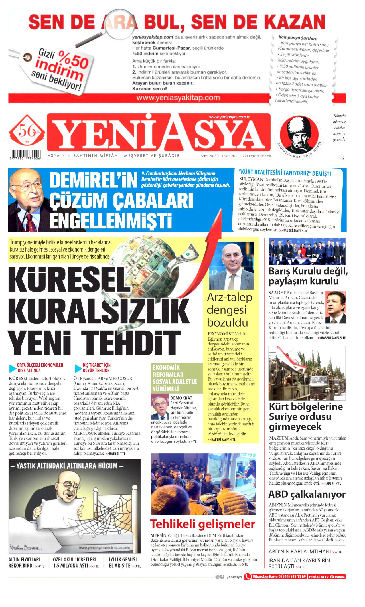 YENİ ASYA gazetesinin 27 Ocak 2026 tarihli birinci sayfası