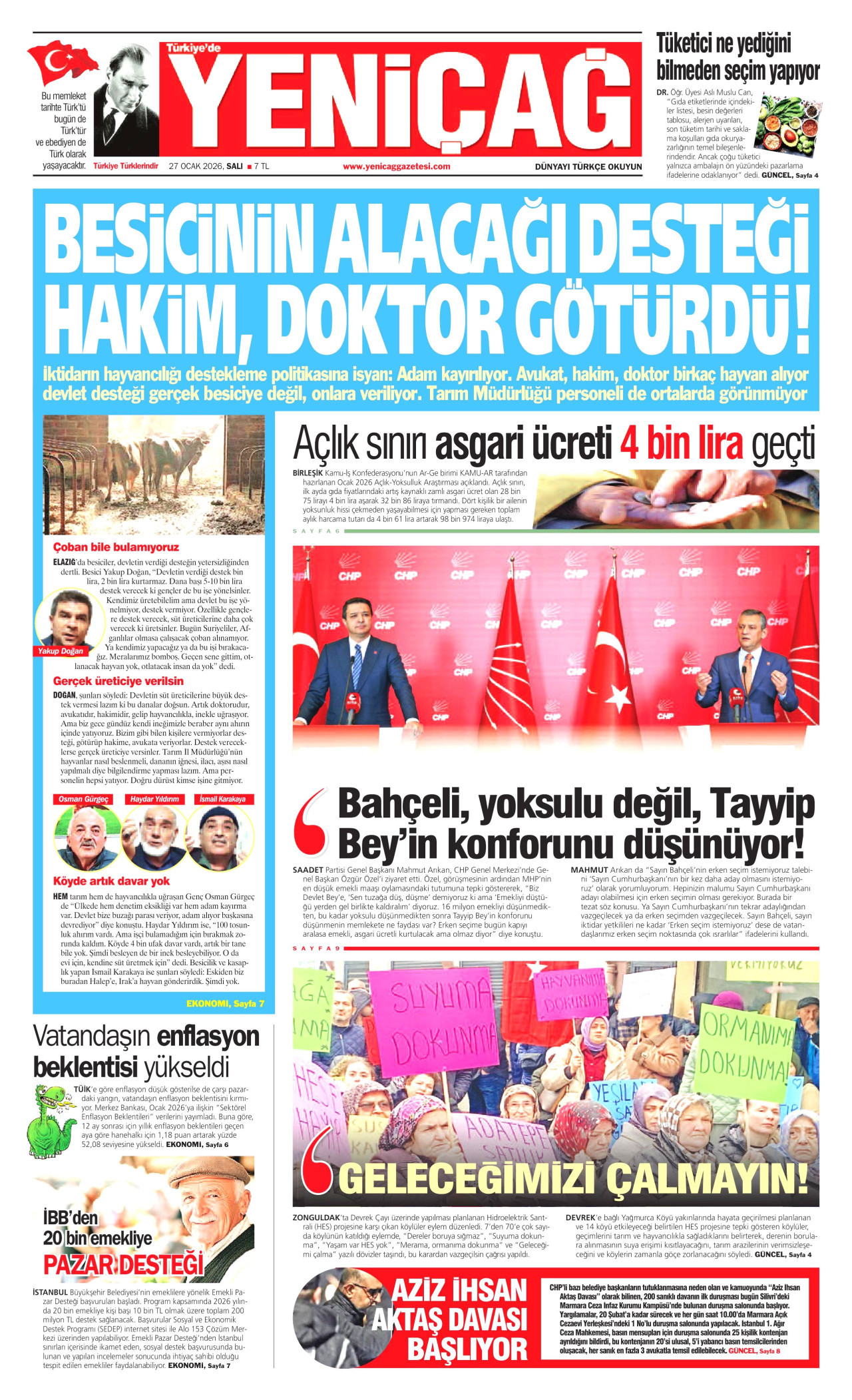 YENİÇAĞ gazetesinin 27 Ocak 2026 tarihli birinci sayfası