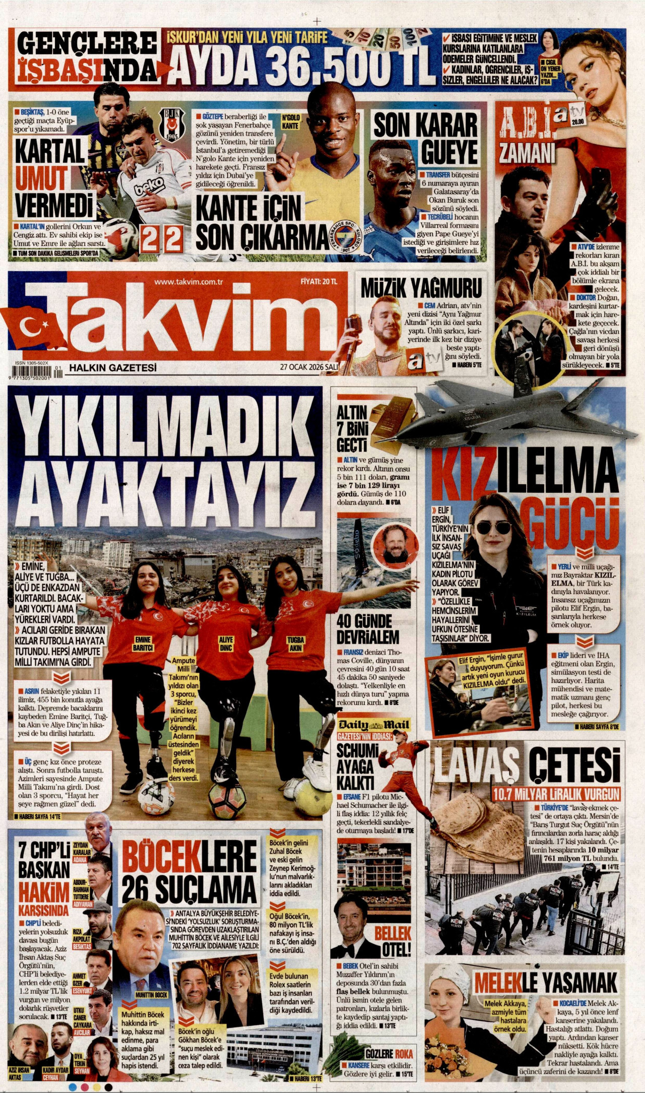 TAKVİM gazetesinin 27 Ocak 2026 tarihli birinci sayfası