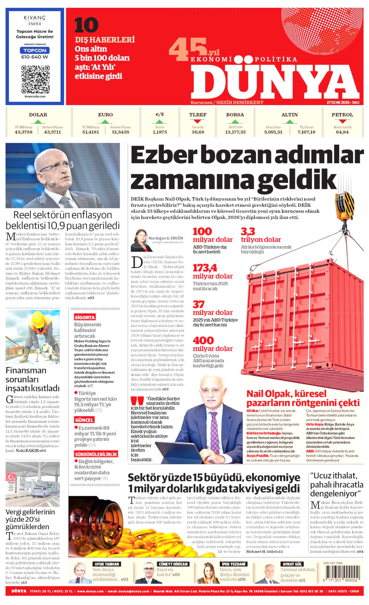 DÜNYA gazetesinin 27 Ocak 2026 tarihli birinci sayfası
