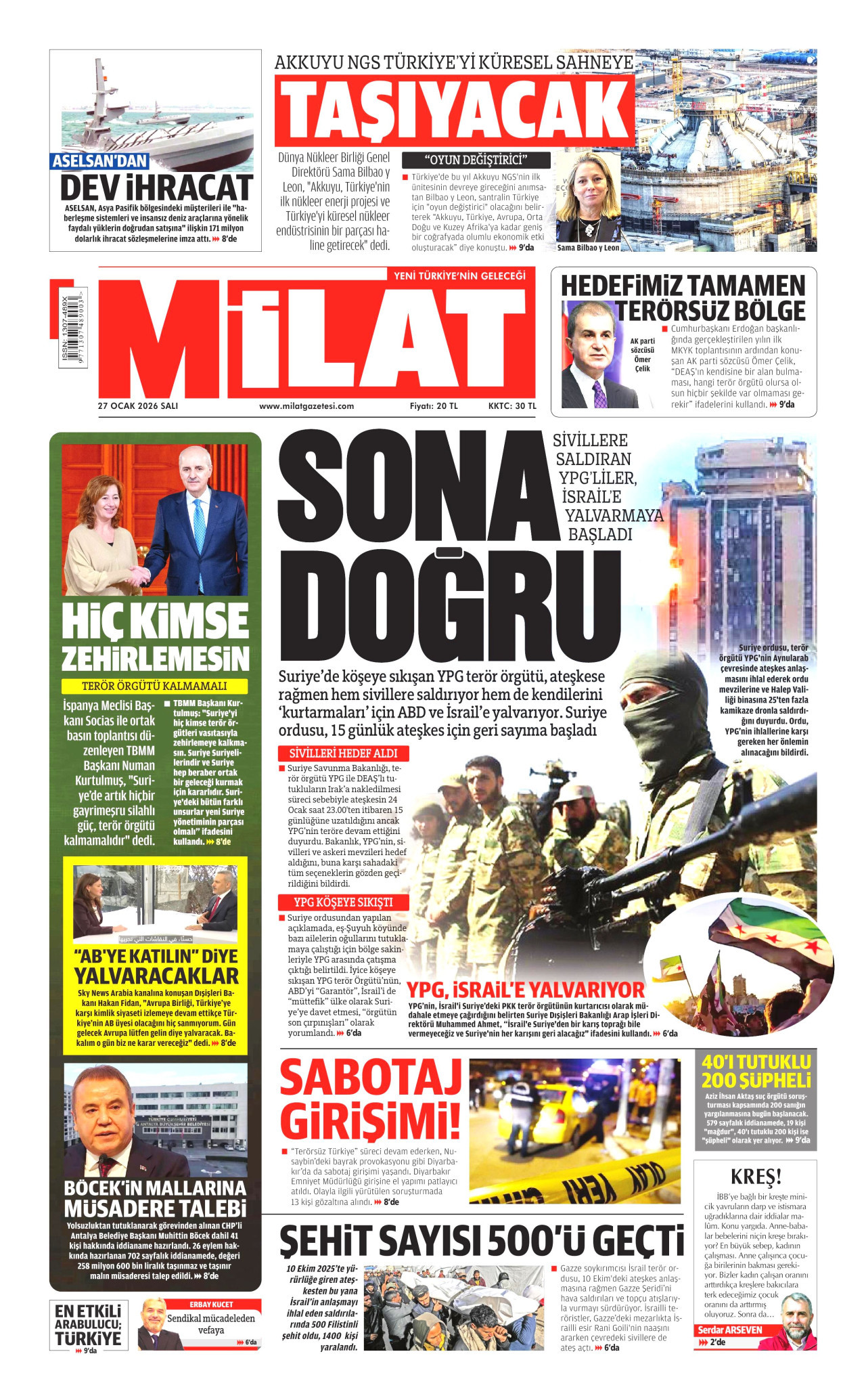 MİLAT gazetesinin 27 Ocak 2026 tarihli birinci sayfası
