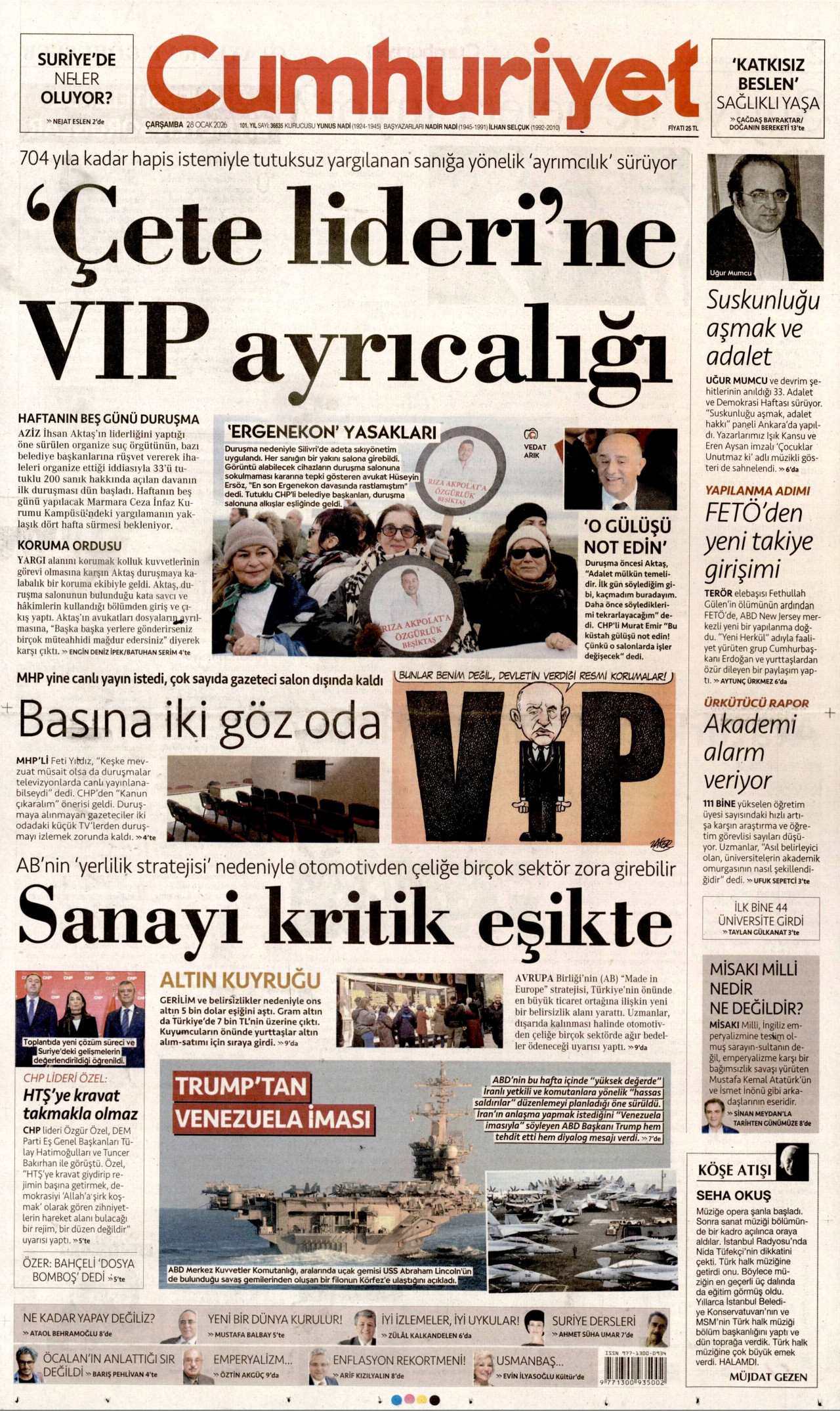 CUMHURİYET gazetesinin 28 Ocak 2026 tarihli birinci sayfası