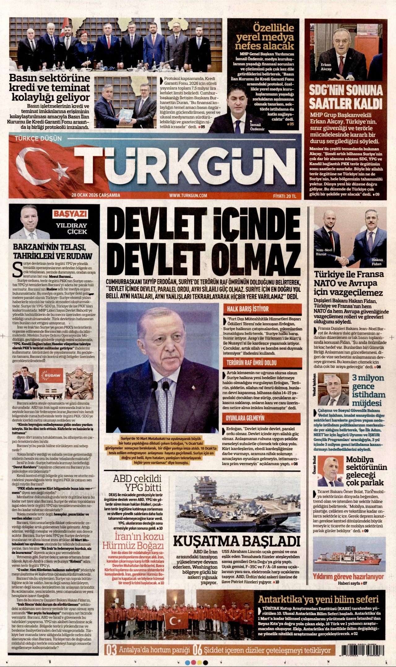 TÜRKGÜN gazetesinin 28 Ocak 2026 tarihli birinci sayfası