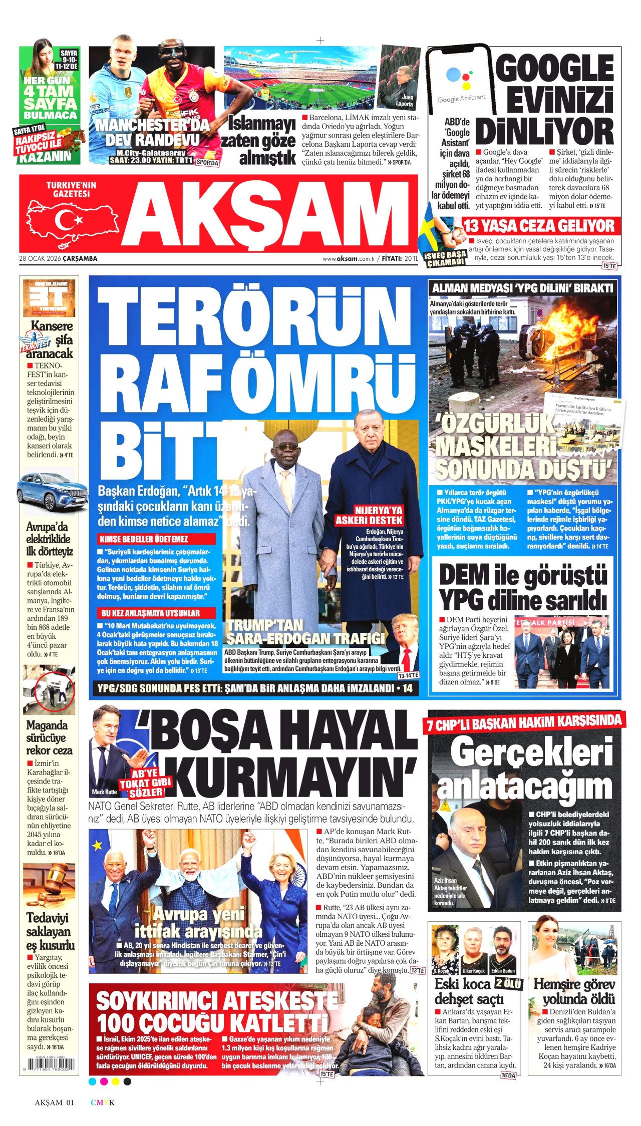 AKŞAM gazetesinin 28 Ocak 2026 tarihli birinci sayfası