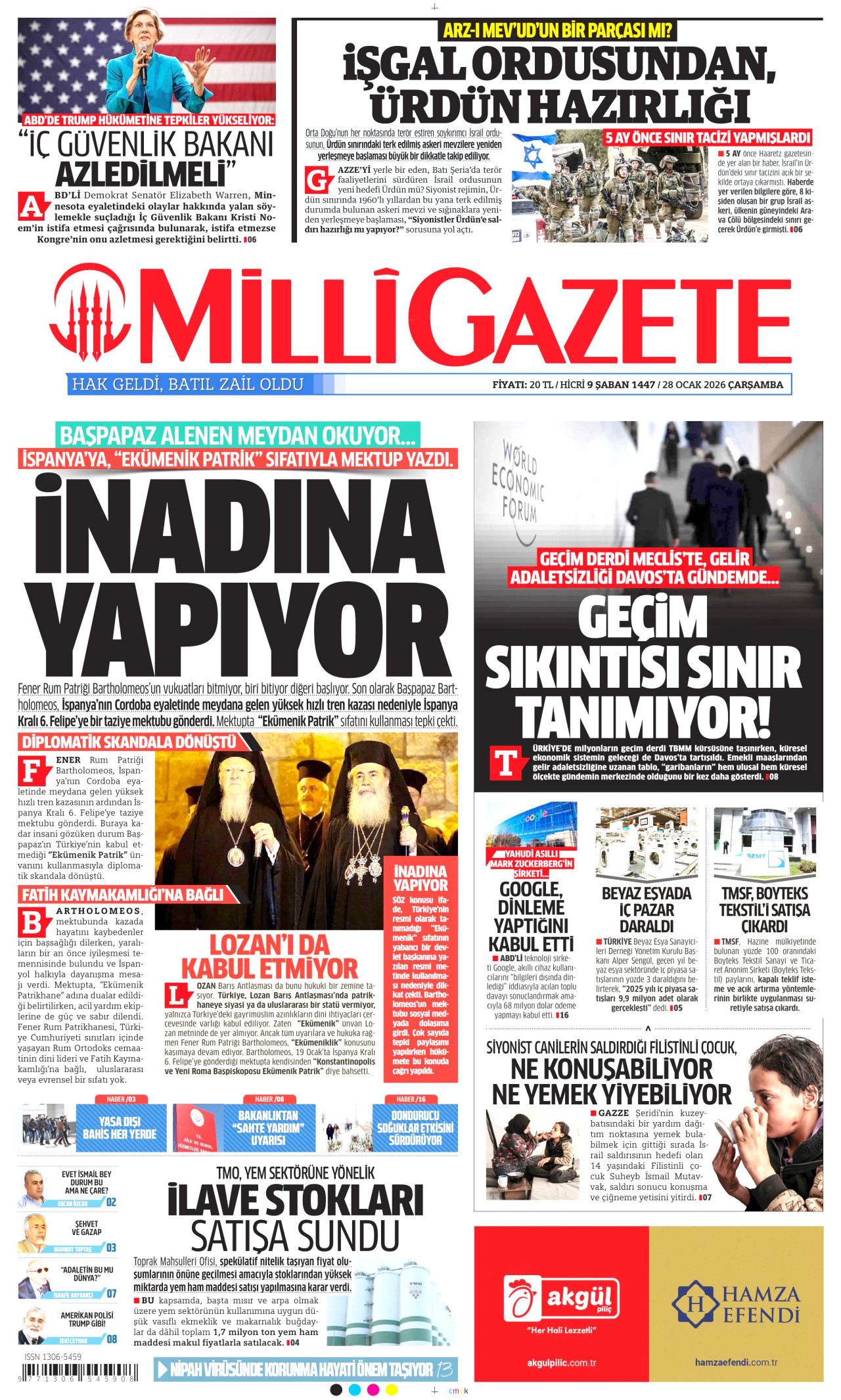MİLLİ GAZETE gazetesinin 28 Ocak 2026 tarihli birinci sayfası