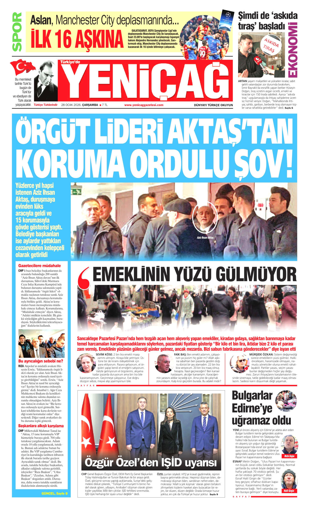 YENİÇAĞ gazetesinin 28 Ocak 2026 tarihli birinci sayfası