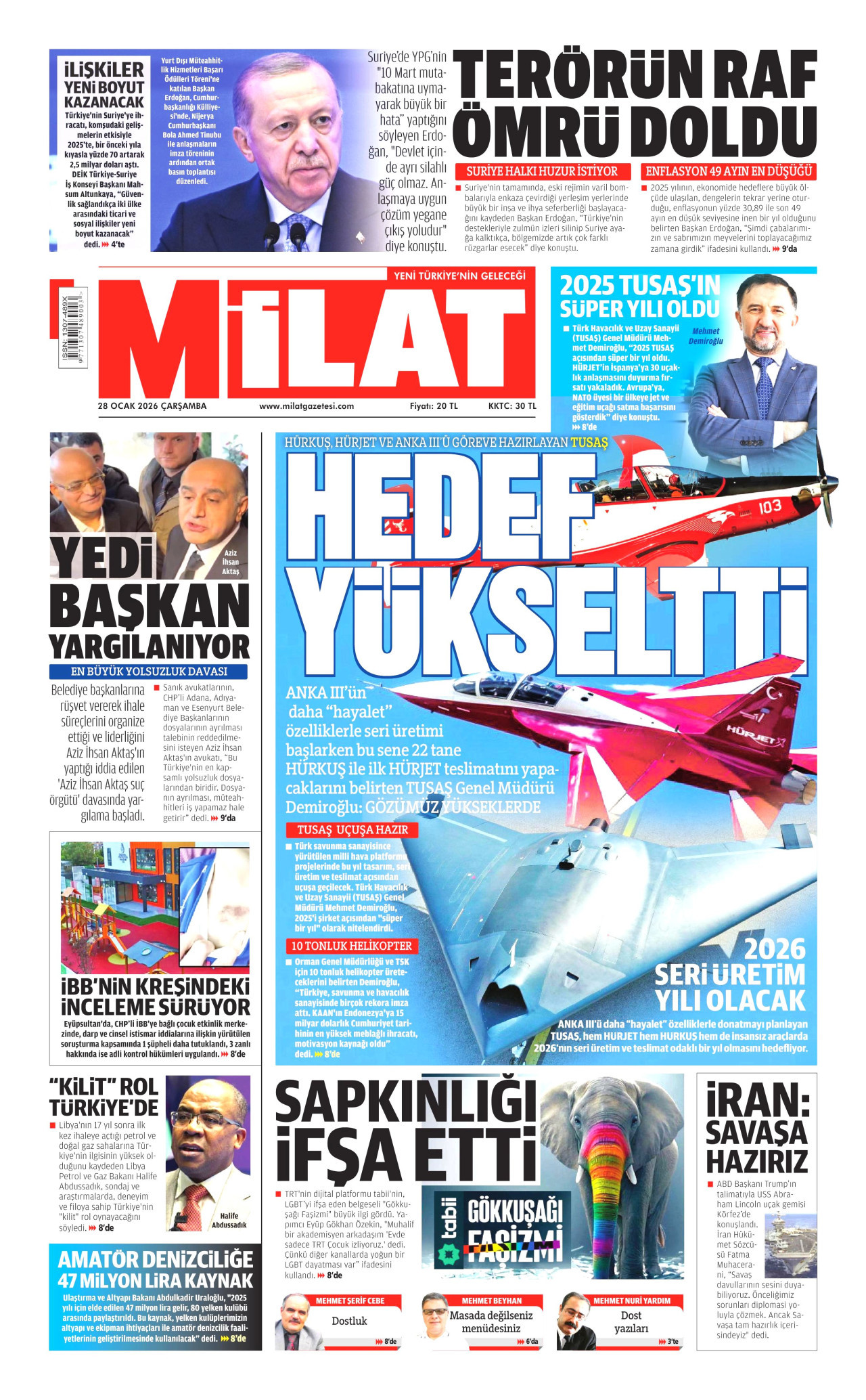 MİLAT gazetesinin 28 Ocak 2026 tarihli birinci sayfası
