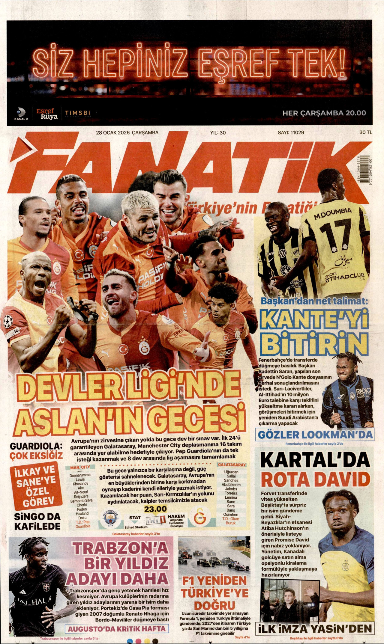 FANATİK gazetesinin 28 Ocak 2026 tarihli birinci sayfası