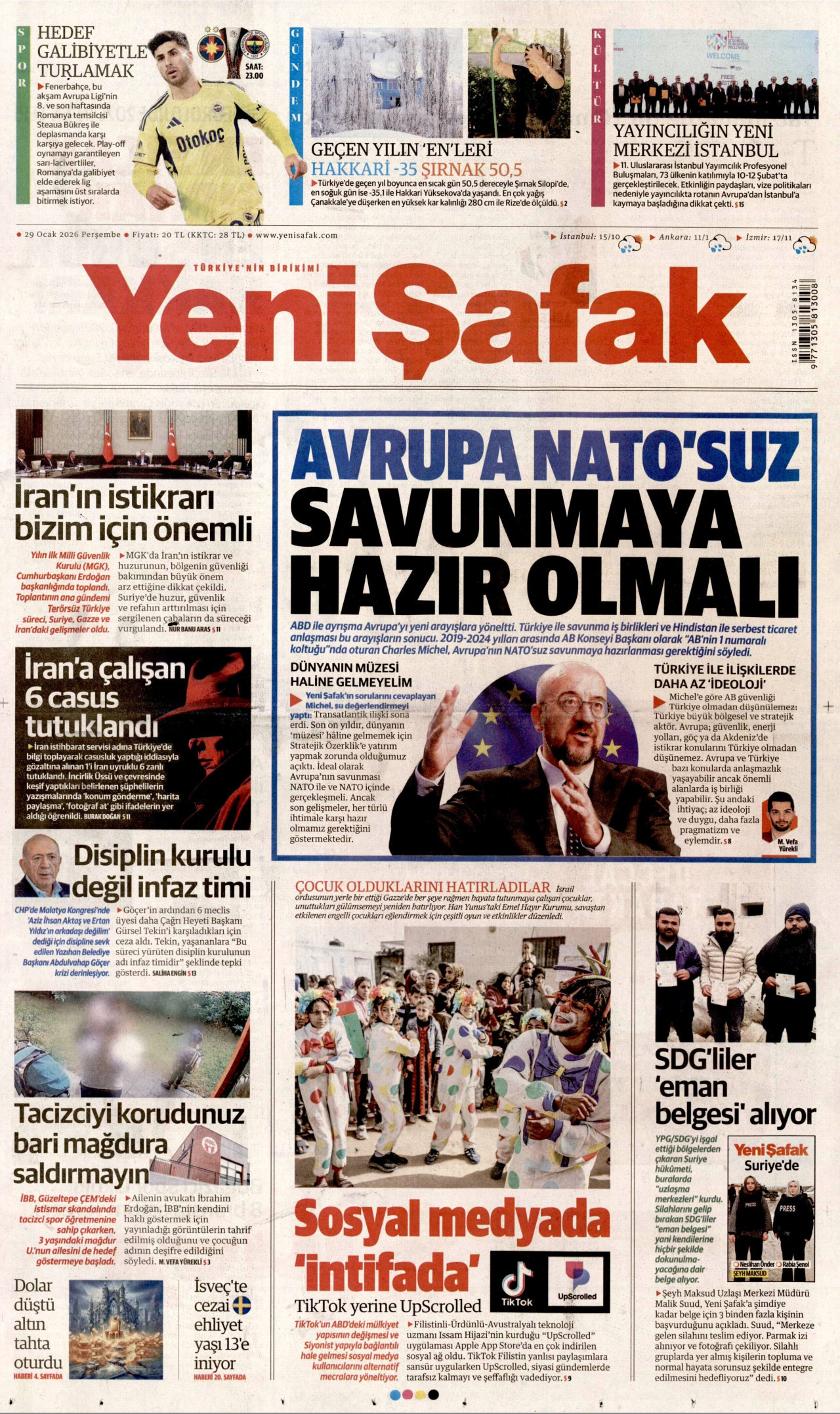 YENİ ŞAFAK gazetesinin 29 Ocak 2026 tarihli birinci sayfası
