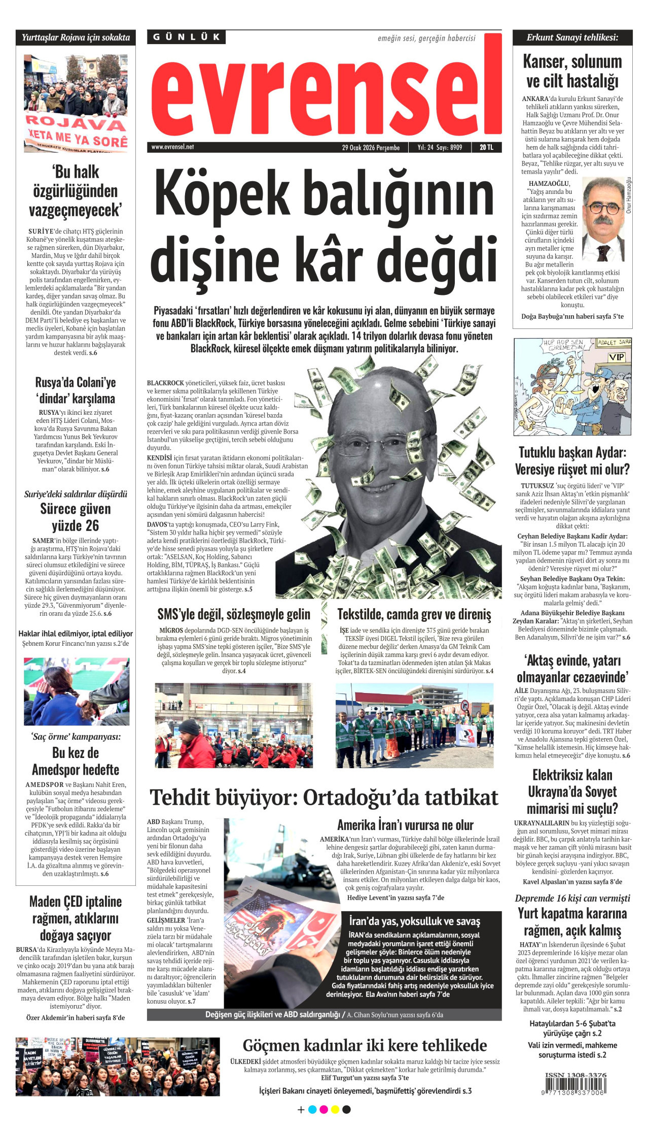 EVRENSEL gazetesinin 29 Ocak 2026 tarihli birinci sayfası