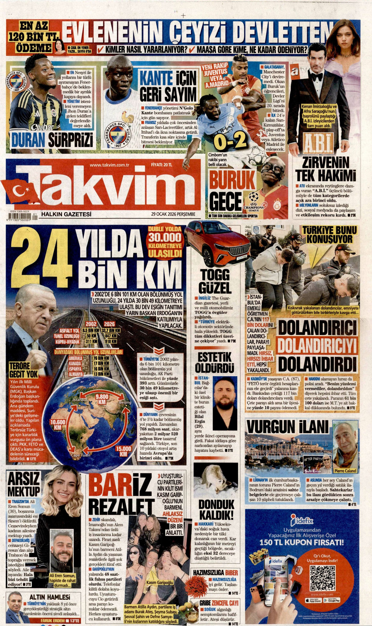TAKVİM gazetesinin 29 Ocak 2026 tarihli birinci sayfası