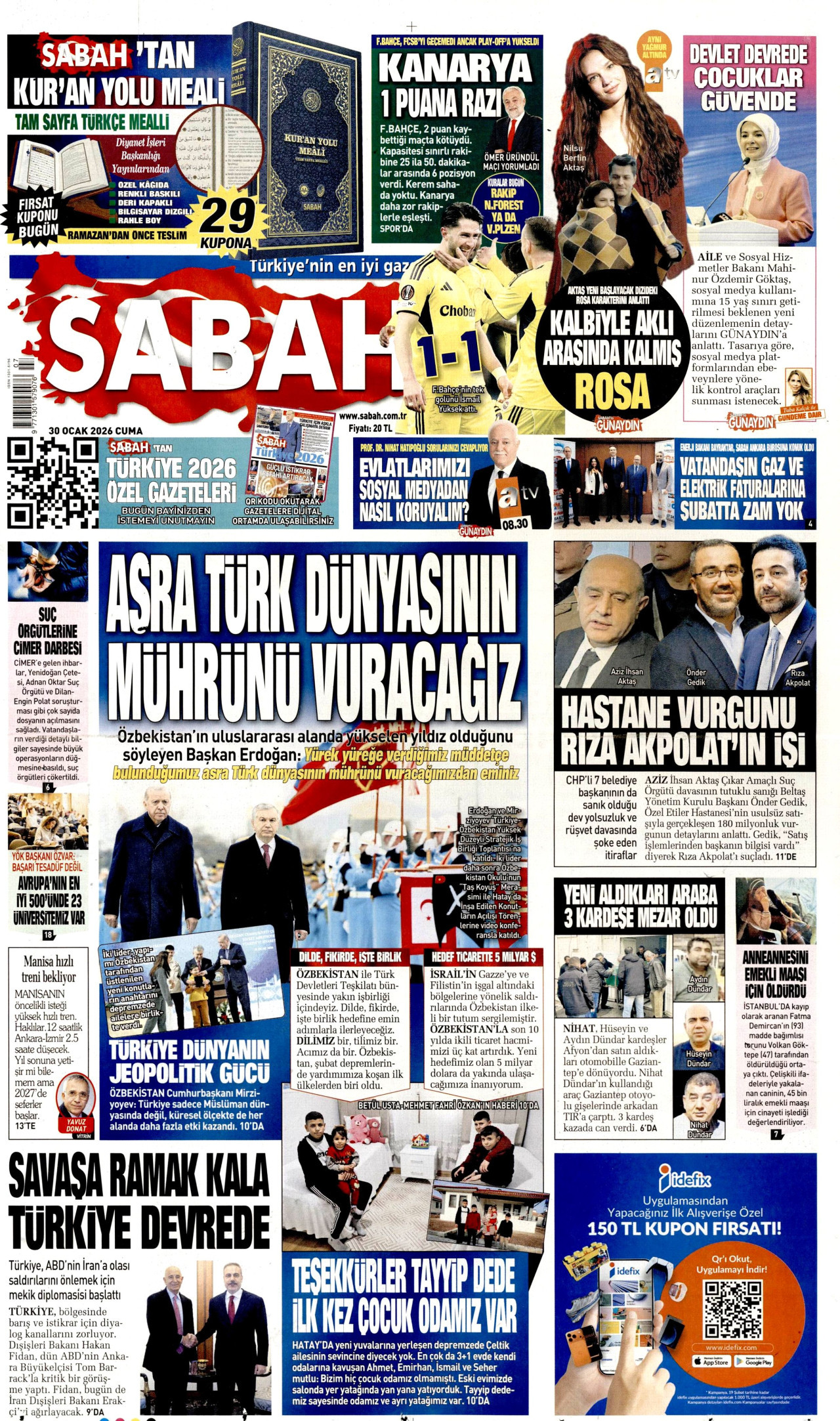 SABAH gazetesinin 30 Ocak 2026 tarihli birinci sayfası