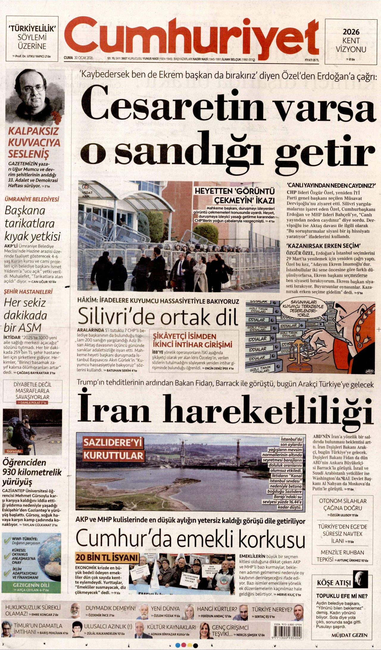 CUMHURİYET gazetesinin 30 Ocak 2026 tarihli birinci sayfası
