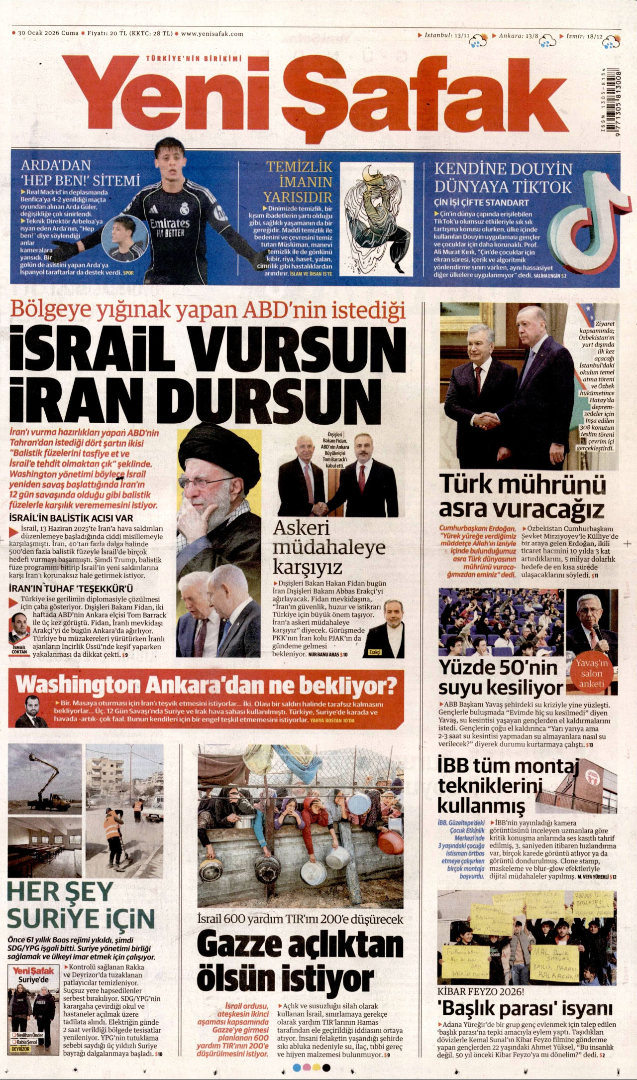YENİ ŞAFAK gazetesinin 30 Ocak 2026 tarihli birinci sayfası