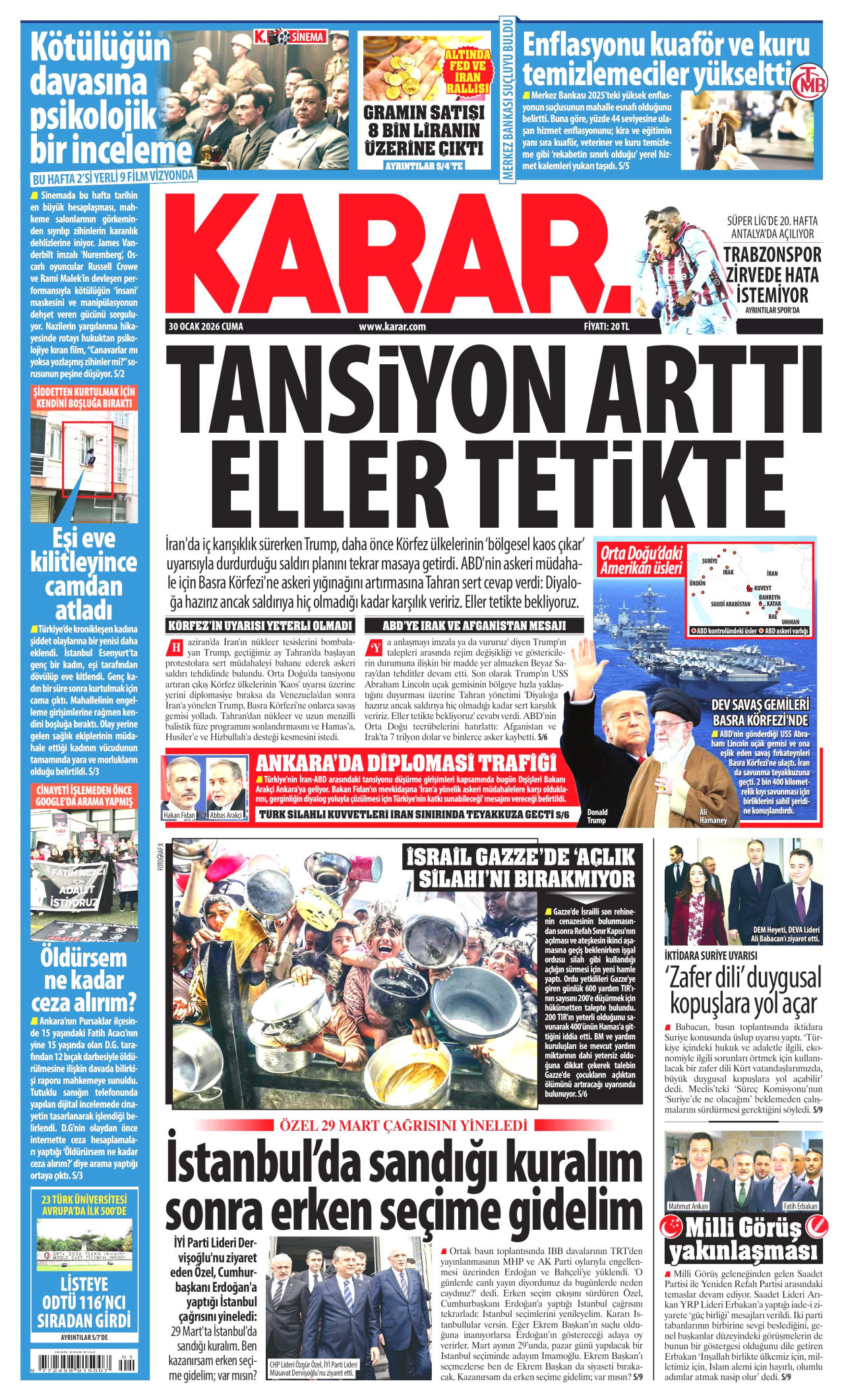 KARAR gazetesinin 30 Ocak 2026 tarihli birinci sayfası