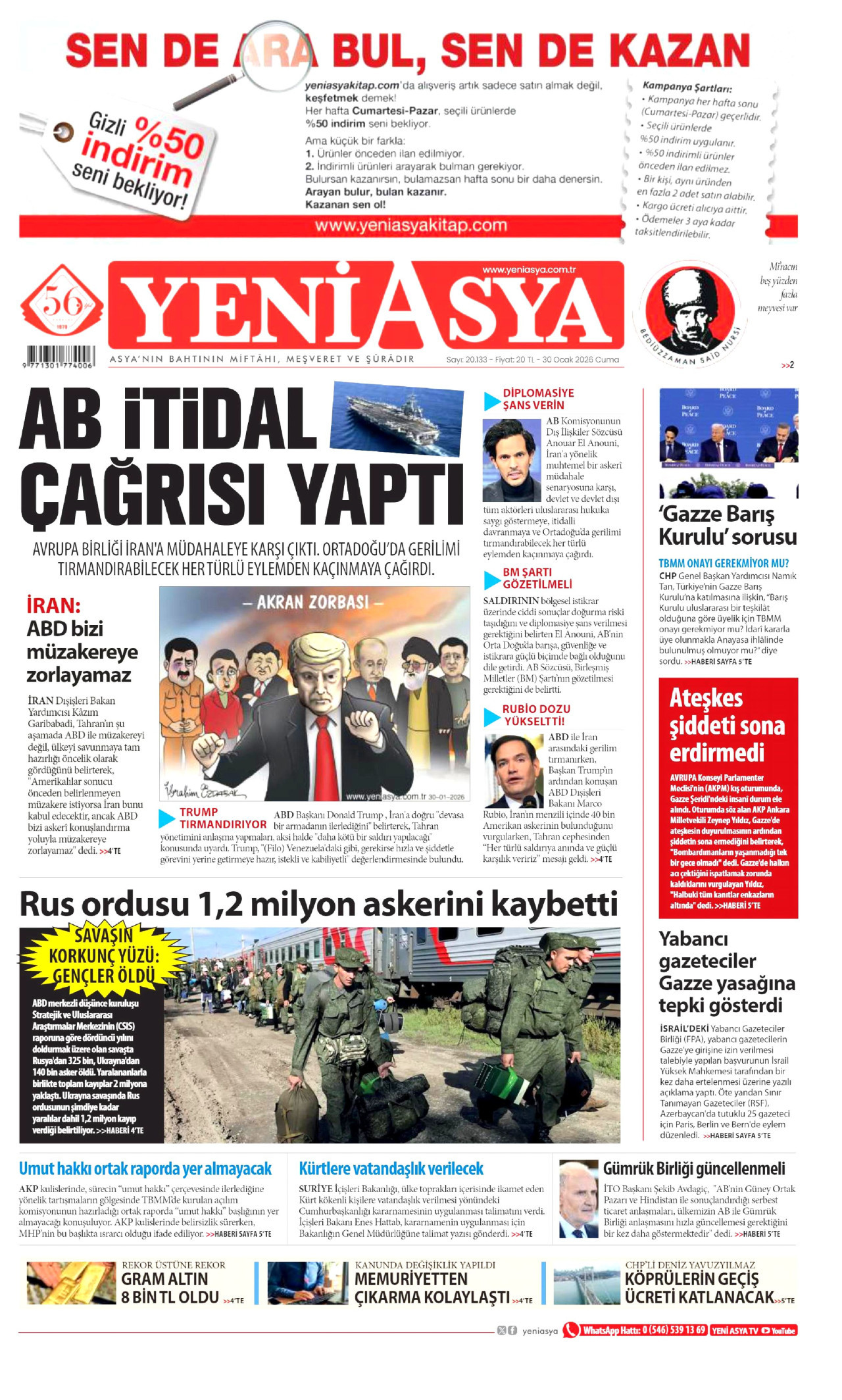 YENİ ASYA gazetesinin 30 Ocak 2026 tarihli birinci sayfası
